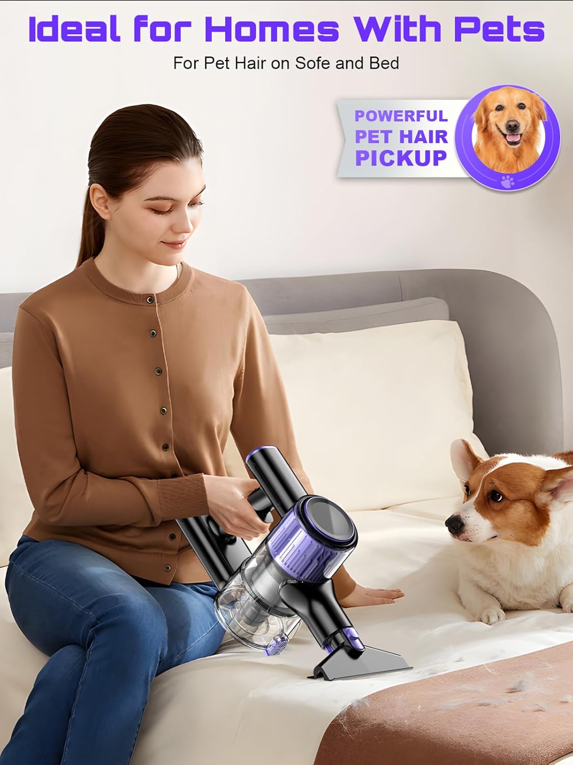 Cordless Vacuum Cleaner, 10 in 1 Stick Vacuum with Powerful Suction, Hose, Green LED Light, Anti-Tangle Brush, Lightweight Rechargeable Vacuum Cleaner for Home, Hardwood Floors, Carpets