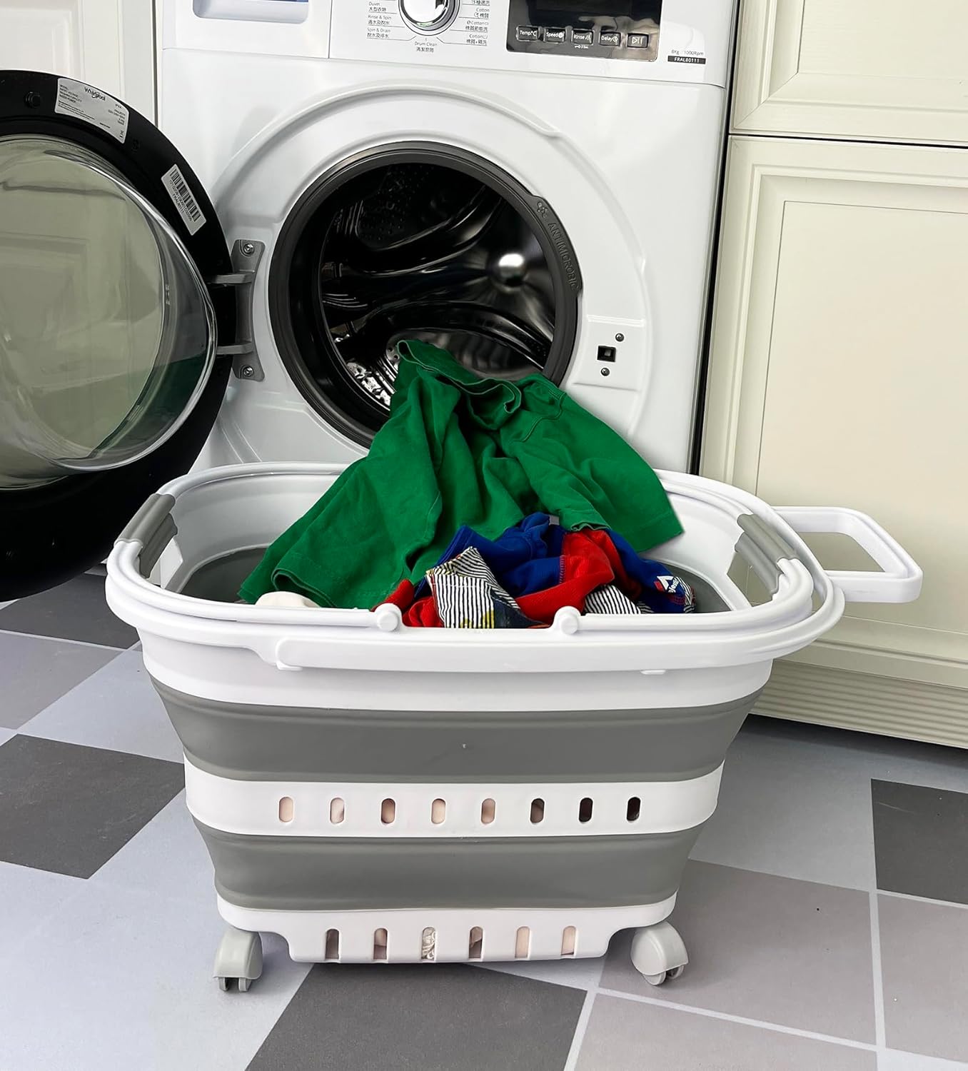 SAMMART 35L (9.24 Gallons) Collapsible Plastic Laundry Basket with Handle and Wheels - Foldable Pop Up Storage Container/Organizer with handle and wheels - Space Saving (1, White/Grey)