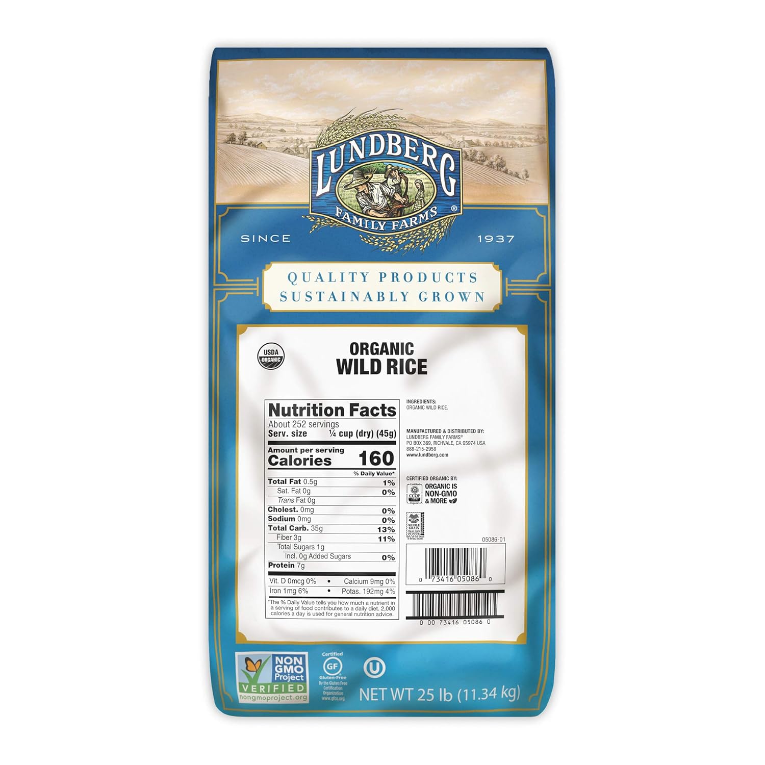 Lundberg Family Farms - Organic Wild Rice, Pantry Staple, Great for Cooking, Long Grain, Firm Texture, Nutty Flavor, Rich & Hearty, Whole Grain, Non-GMO, Gluten-Free, Vegan, Kosher (25 lb)