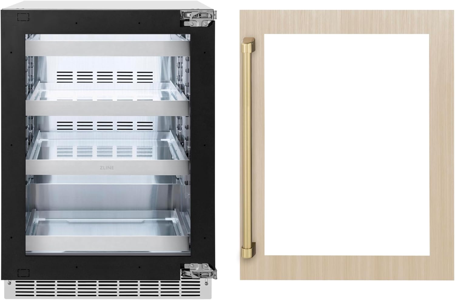 ZLINE Autograph Edition 24 in. Touchstone 151 Can Beverage Fridge With Panel Ready Glass Door And Champagne Bronze Handle (RBSPOZ-24-CB)
