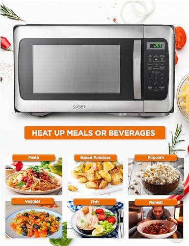 COMMERCIAL CHEF 1.1 Cu Ft Microwave with 10 Power Levels, Microwave 1000W with Push Button Door Lock, Countertop Microwave with Microwave Turntable and Digital Controls, Stainless Steel