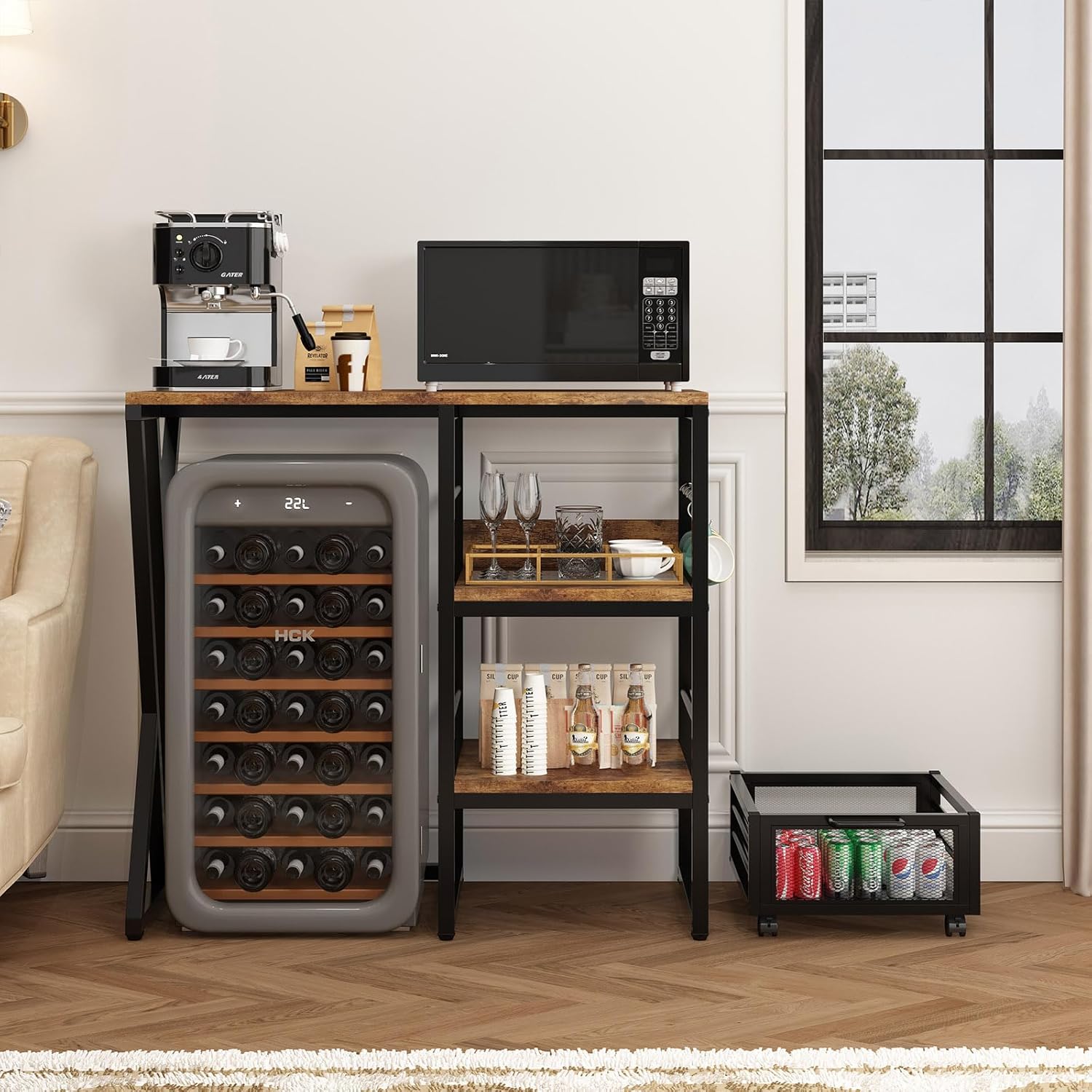 Kitchen Bakers Rack with Movable Basket, Coffee Bar Cabinet with Mini Fridge Space, Beverage & Wine Fridge Stand, Kitchen Storage Organizer with Worktop, Microwave Oven Stand for Home, Dorm, Office