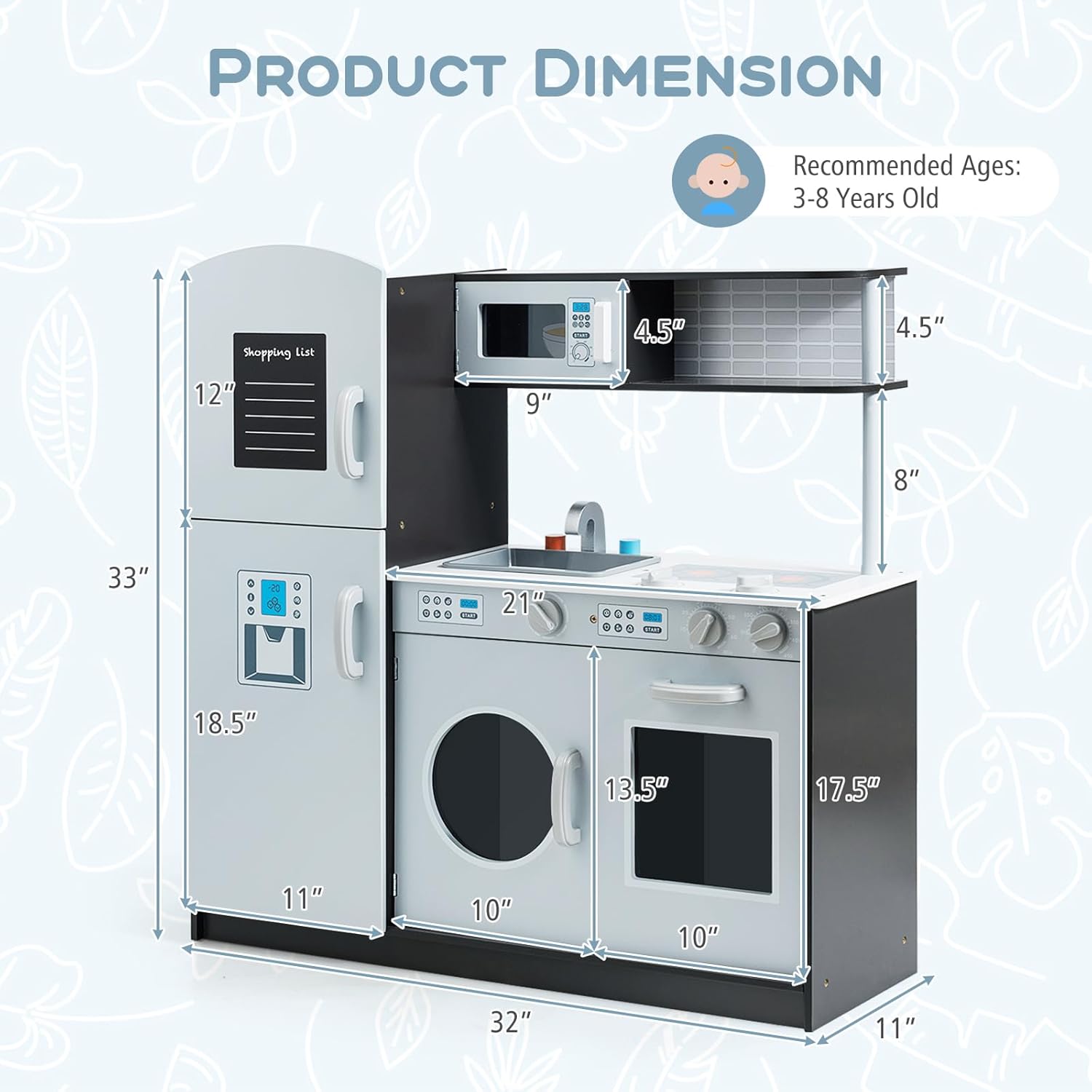 Costzon Kids Play Kitchen, Wooden Kids Kitchen Playset w/Realistic Sound, Microwave, Oven, Washing Machine, Refrigerator, Sink, Toy Kitchen, Gift for Boys Girls Age 3+