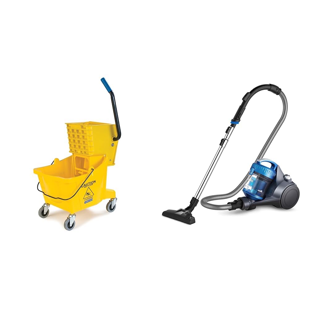 Carlisle FoodService Products Mop Bucket with Side-Press Wringer for Floor Cleaning, Restaurants & Eureka Whirlwind Bagless Canister Vacuum Cleaner, Lightweight Vac for Carpets and Hard Floors, Blue