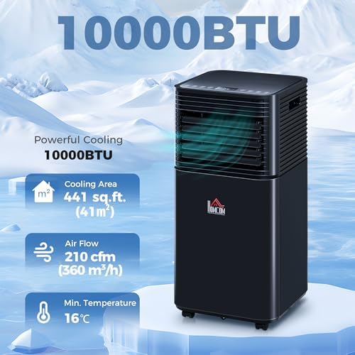 HOMCOM 10000 BTU Portable Air Conditioner for Rooms up to 441 Sq.Ft., 3-in-1 Mobile AC Unit with Dehumidifier, Cooling Fan, Sleep, Remote, 24H Timer, Auto Off, Window Installation Kit, Black