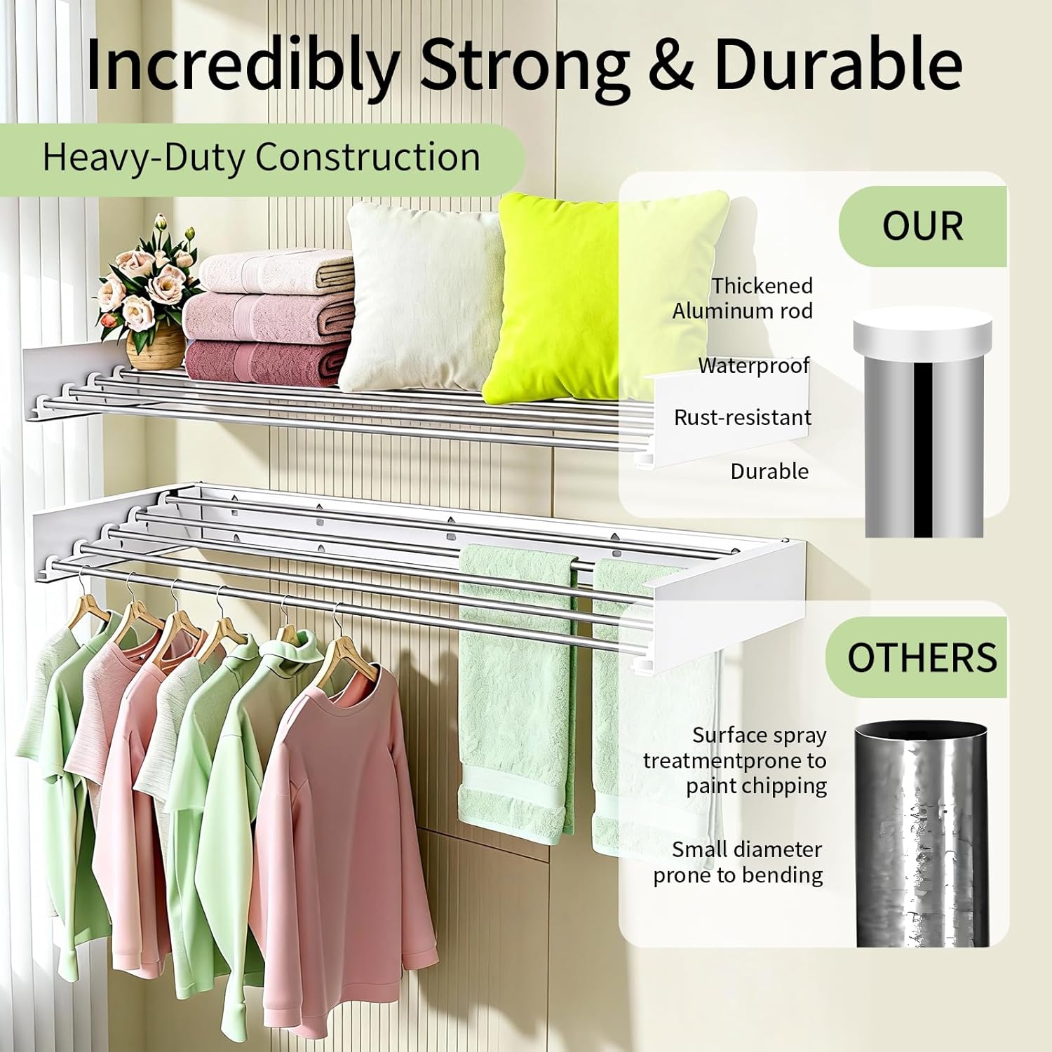 Wall Mounted Drying Rack for Laundry Retractable Clothes Dryer Racks 31.5” with 60 lb Capacity, Heavy Duty Clothing Drying Rack Foldable Space-Saving Design for Indoor & Outdoor