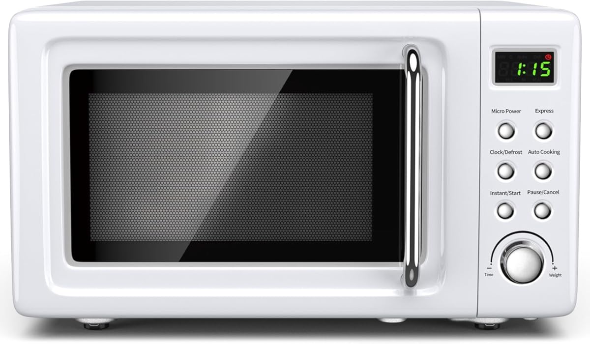 Retro Countertop Microwave Oven, Large 0.7Cu.ft, 700-Watt, Cold Rolled Steel Countertop with Time Setting, Glass Turntable Plate, Pre-Programmed Cooking Settings, LED Display, Child Lock (White)