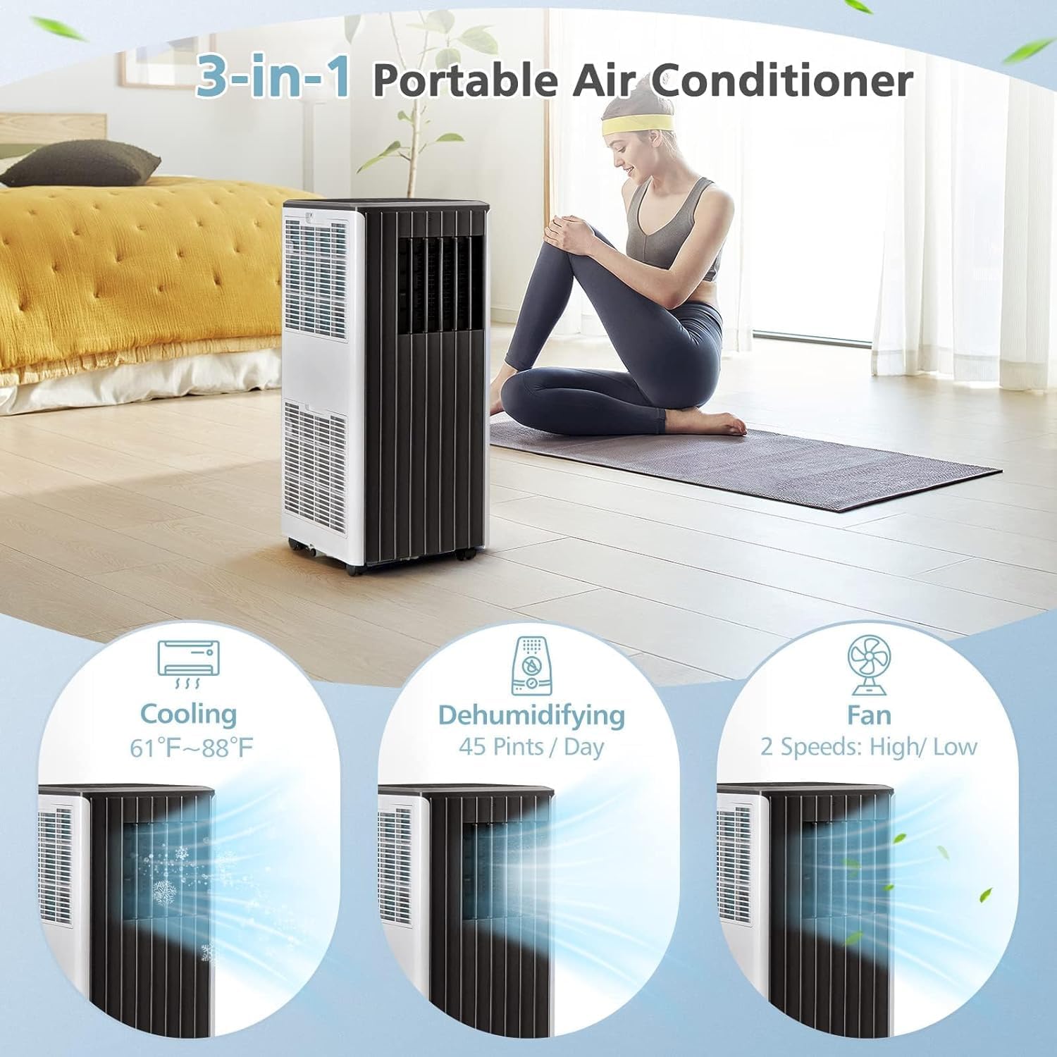 GOFLAME Portable Air Conditioner 8000BTU, 3-in-1 AC Cooling Unit with Dehumidifier, 24H Timer, Remote Control, Standing Air Conditioner Cools Rooms up to 250 Sq.Ft, Black