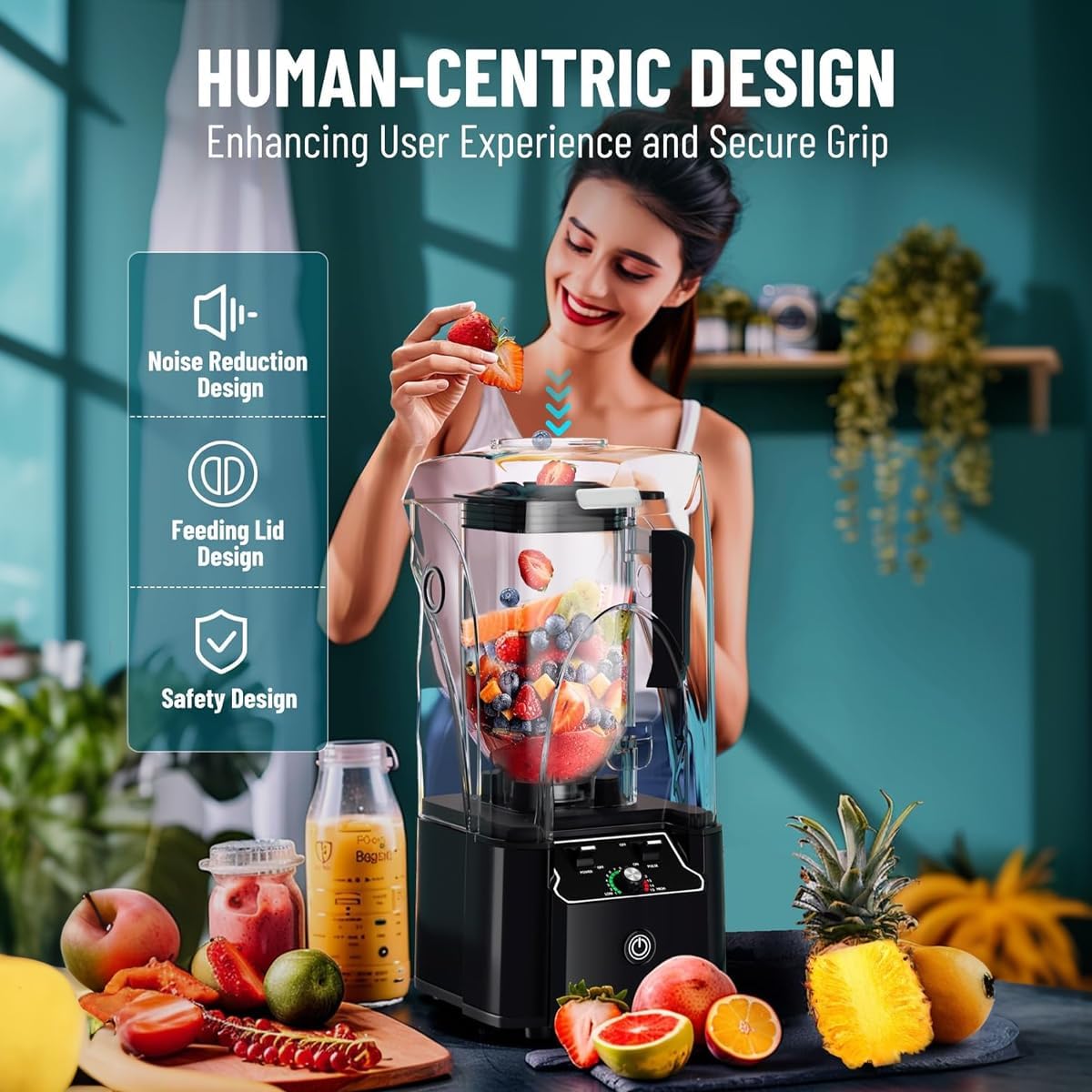 Professional Commercial Blender With Shield Quiet Sound Enclosure 2200W Industries Strong and Quiet Professional-Grade Power, Self-Cleaning, Black