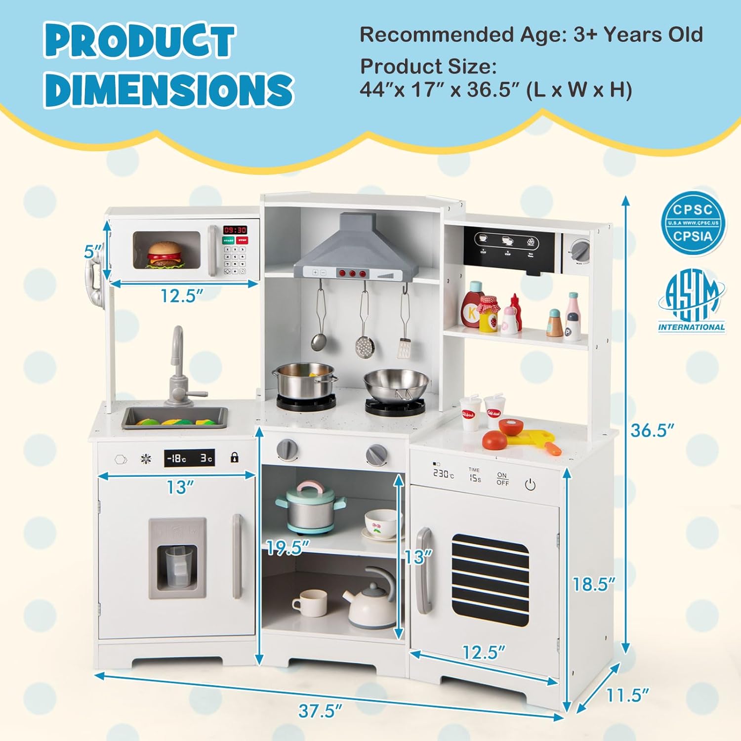 Costzon Corner Kids Kitchen Playset, Wooden Toy Kitchen Set w/Lights & Sounds Range Hood, Ice Maker, Pretend Telephone, Sink, Faucet, Microwave, Oven, Play Kitchen for Kids 3+ (White)