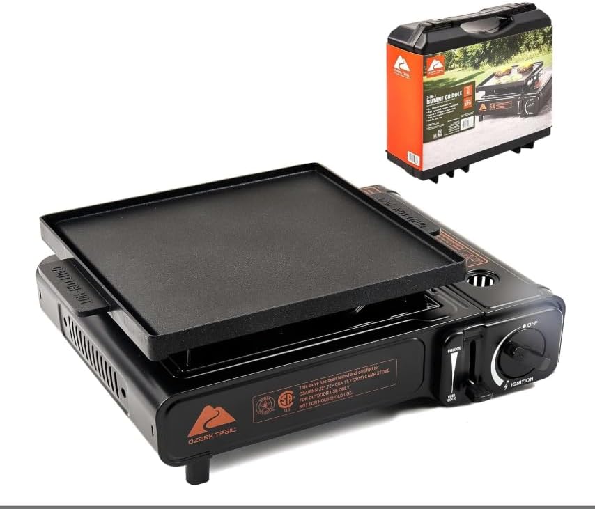 Ozark~Trail 2 in 1 Butane Griddle Black, 7650 BTU Piezo-Electric Cast Aluminum Plate, Compact Lightweight Portable Grill for Outdoor Cooking, Flat Top Griddle Camping Gas Propane Grill Accessories