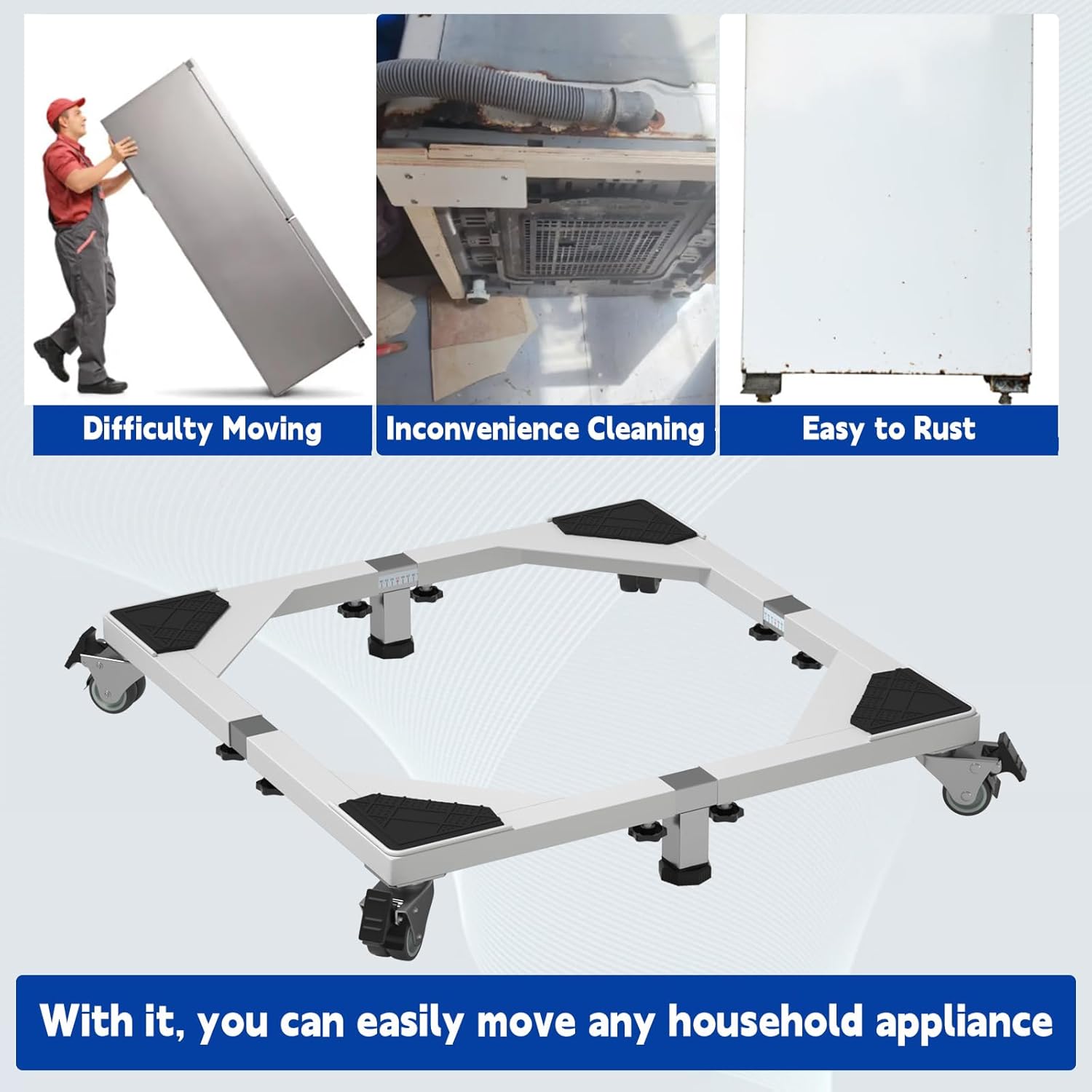 Heavy Duty All Steel Fridge Stand with Wheels Mobile Base Universal Adjustable Washing Machine Stand Multi-Functional Base Furniture Dolly for Refrigerator, Washer and Dryer（White/Large）