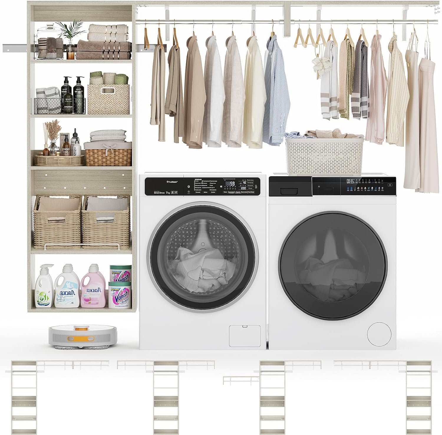 Unikito Over Washer and Dryer Storage Shelf, 8FT Wall Mounted Laundry Room Organizer, Space Saver Clothes Drying Rack with Hanger Rod, Heavy-Duty Closet System with Adjustable Shelves, White Oak