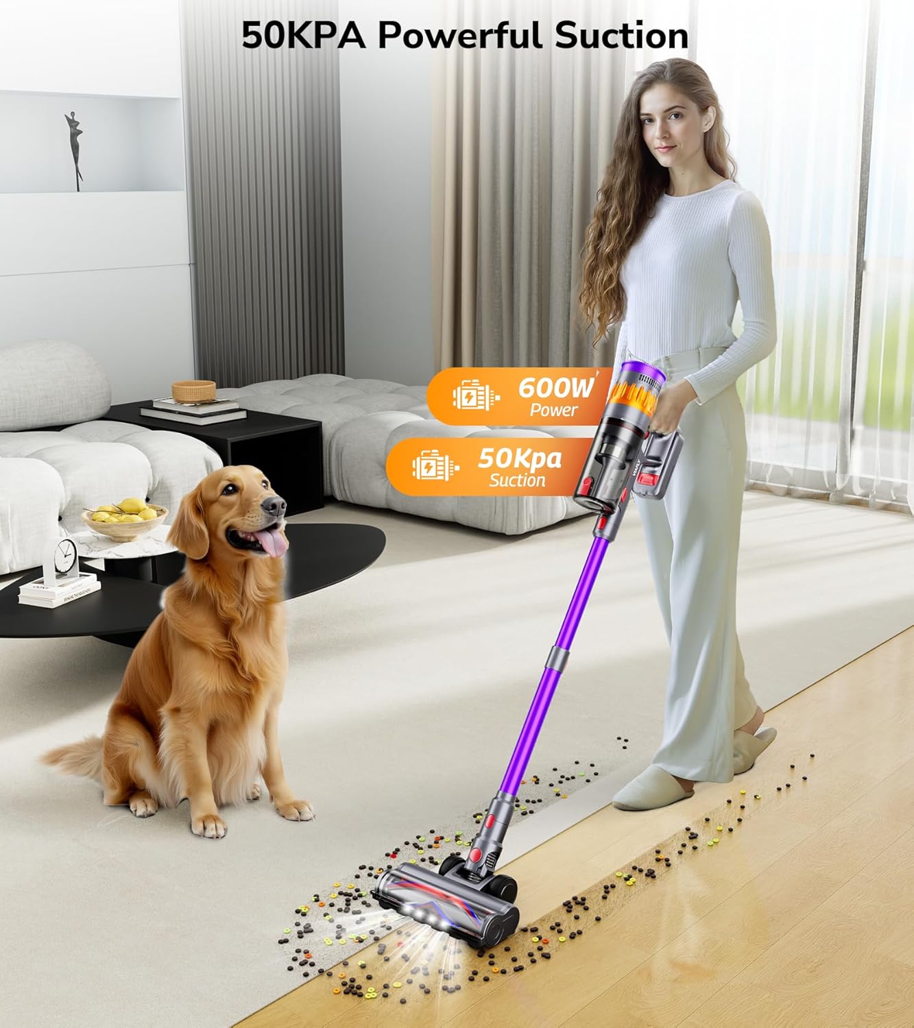 Cordless Vacuum Cleaner, 600W 50Kpa 70 Mins Vacuum Cleaners for Home, Self-Standing Stick Vacuum with Touch Screen, Wall Dock, Anti-Tangle Rechargeable Vacuum for Pet Hair Carpet Hardwood Floor
