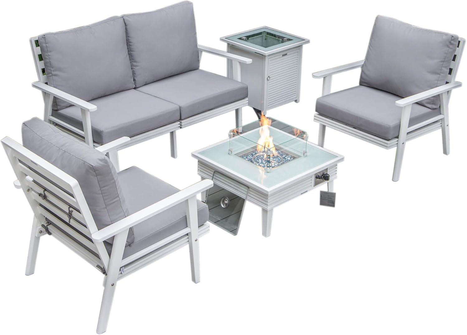 LeisureMod Walbrooke Modern Aluminum 5-Piece Patio Conversation Set with Outdoor Square Fire Pit Slats Design & Side Table Tank Holder, Grey