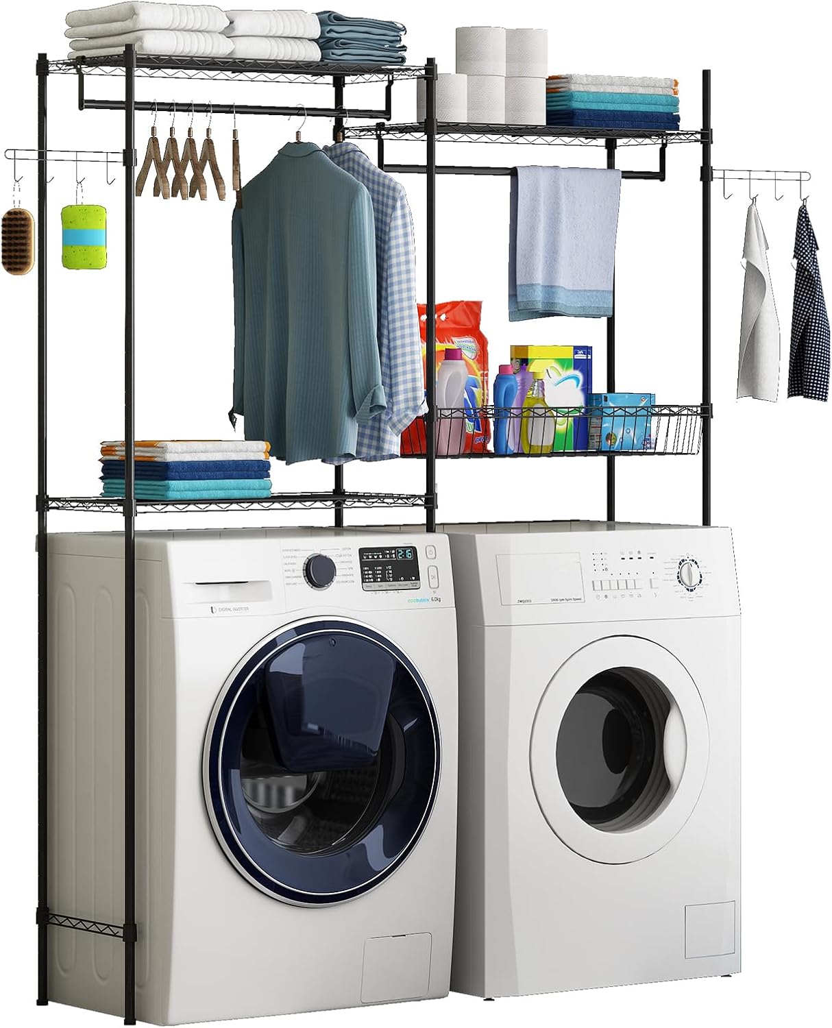 GarveeHome Over Washer and Dryer Shelves, 57.4 in W Laundry Room Clothes Drying Rack, Height Adjustable Towel Racks with Hamper and Hooks, Space Saving Laundry Room Organization and Storage