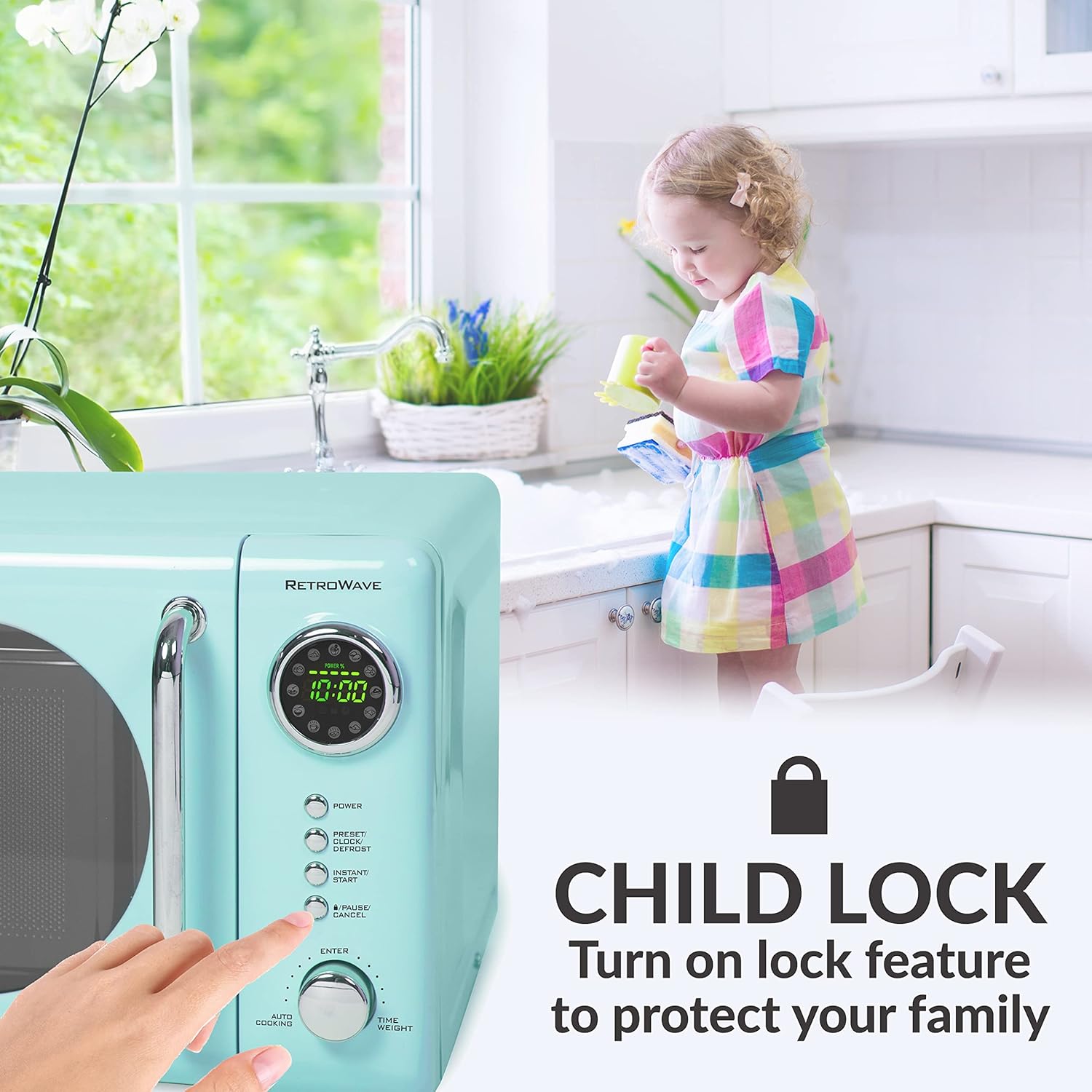 Nostalgia Retro Compact Countertop Microwave Oven, 0.7 Cu. Ft. 700-Watts with LED Digital Display & Retro Wide 2-Slice Toaster, Vintage Design With Crumb Tray, Cord Storage & 5 Toasting Levels, Aqua