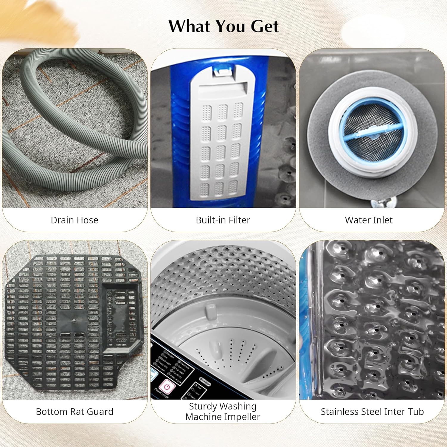 Portable Washing Machine, Full Automatic Portable Washer 17.7lbs Small Washing Machine 10 Wash Programs, 24hr Timer, Drain Hose, Apartment Washer Machines for RV, Dorm, College, Home, Off-White