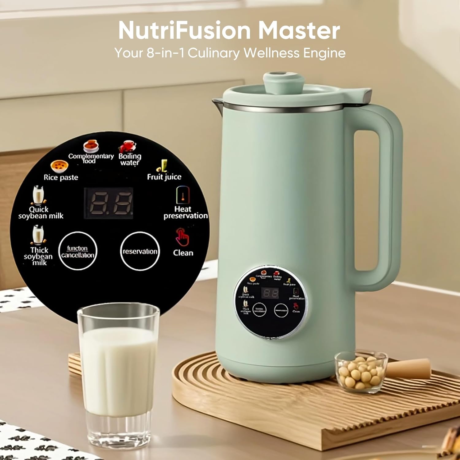 Soy Milk Maker Machine, 27oz Nut Milk Maker, Stainless Blender for Homemade Almond, Oat, Coconut, Soy Milk, with Delay Start/Keep Warm/Boil Water/Self-Cleaning,Green