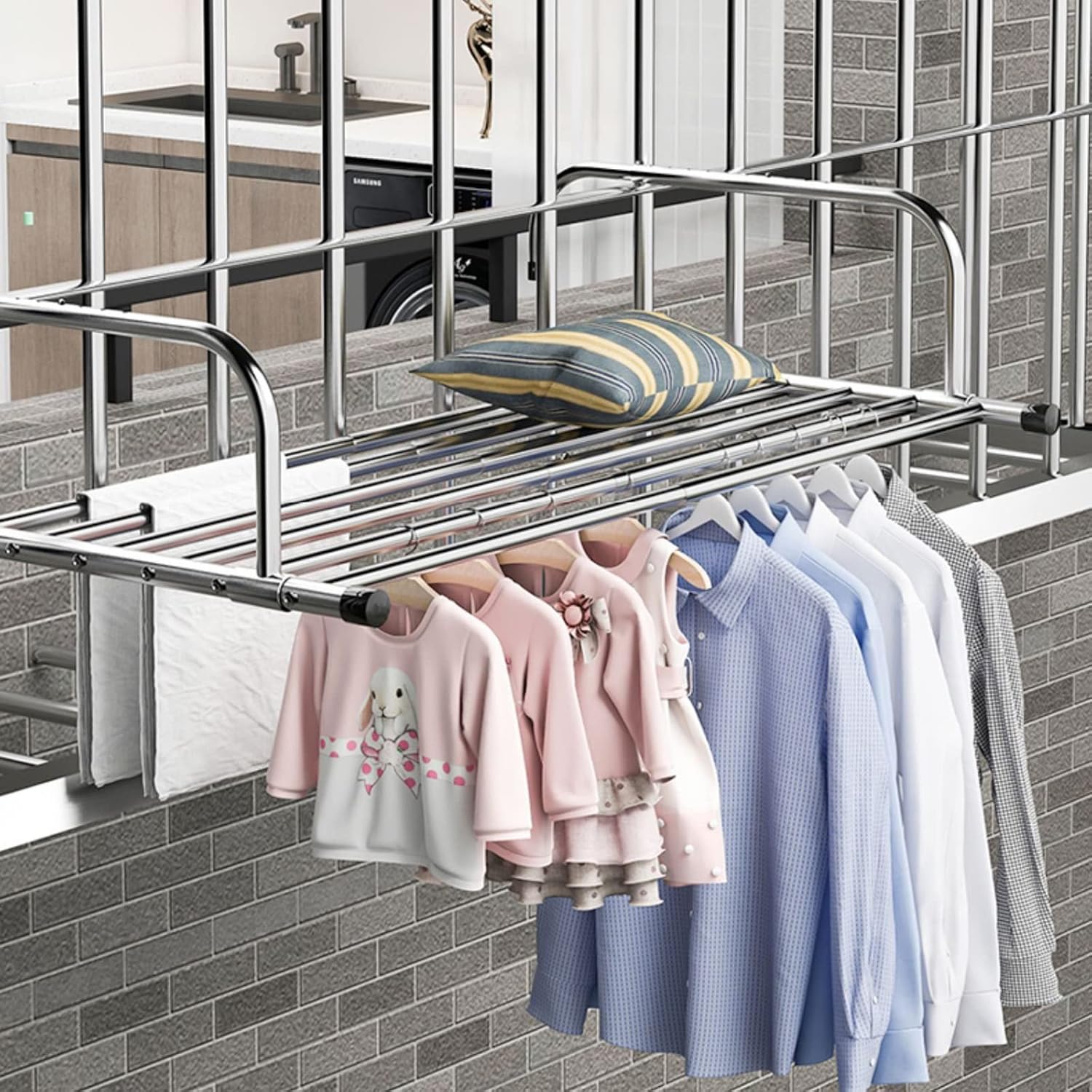 Clothes Airer Indoor Radiator Clothes Dryer Extendable Balcony Radiator Drying Rack Stainless Steel Radiator Folding Airer Foldable Laundry Drying Rail for Hanging Clothe(Silver-61)