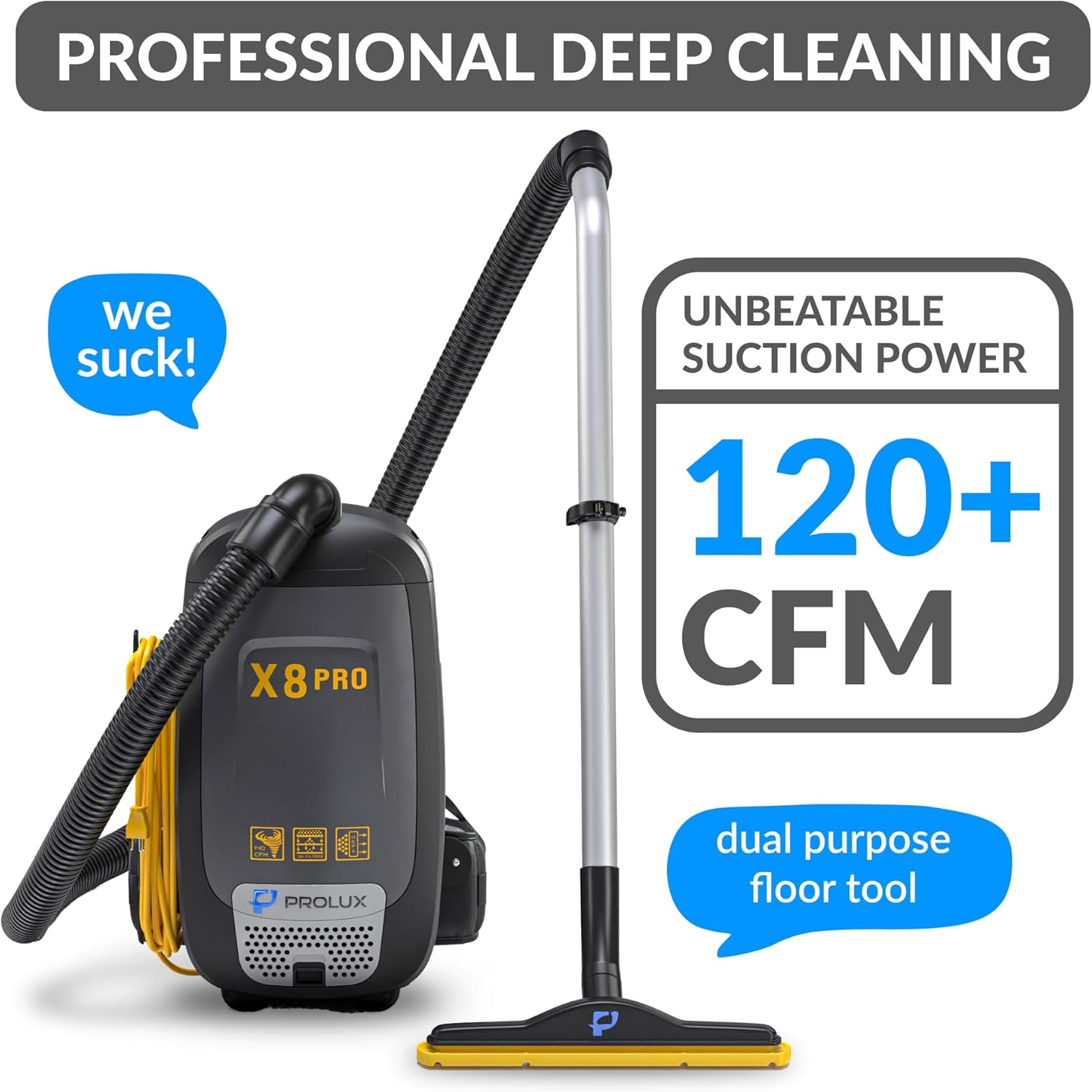 Prolux X8 Pro Backpack Canister Vacuum, Cleaner Air with 4 Stage Filtration, Super-Suction Power, 50' Power Cord, Adjustable Straps, Gadgets Galore Including Crevice, Duster & Upholstery