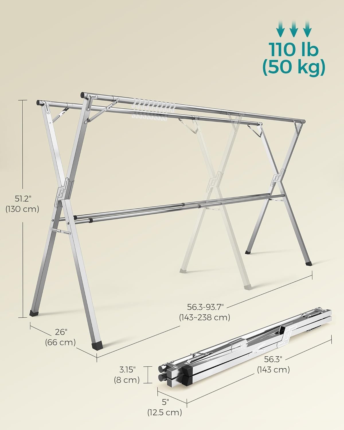 SONGMICS Clothes Drying Rack, Heavy-Duty Laundry Drying Rack, 56.3-93.7 Inches Extendable, Foldable Freestanding Airer, Stainless Steel, for Indoor Outdoor Use, Dove Gray ULLR903E01