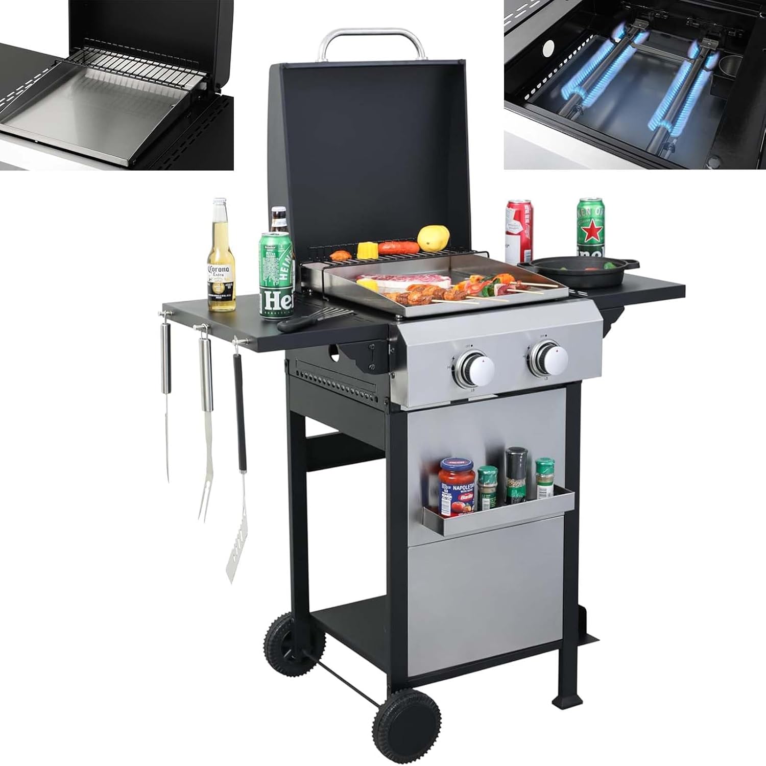 2-Burner Propane Gas BBQ Grill with Wire Enamel Cooking Grids & SS Plancha, 24,600 BTU Output Stainless Steel Grill with Foldable Side Table and Hanging Basket for Outdoor Backyard Barbecue