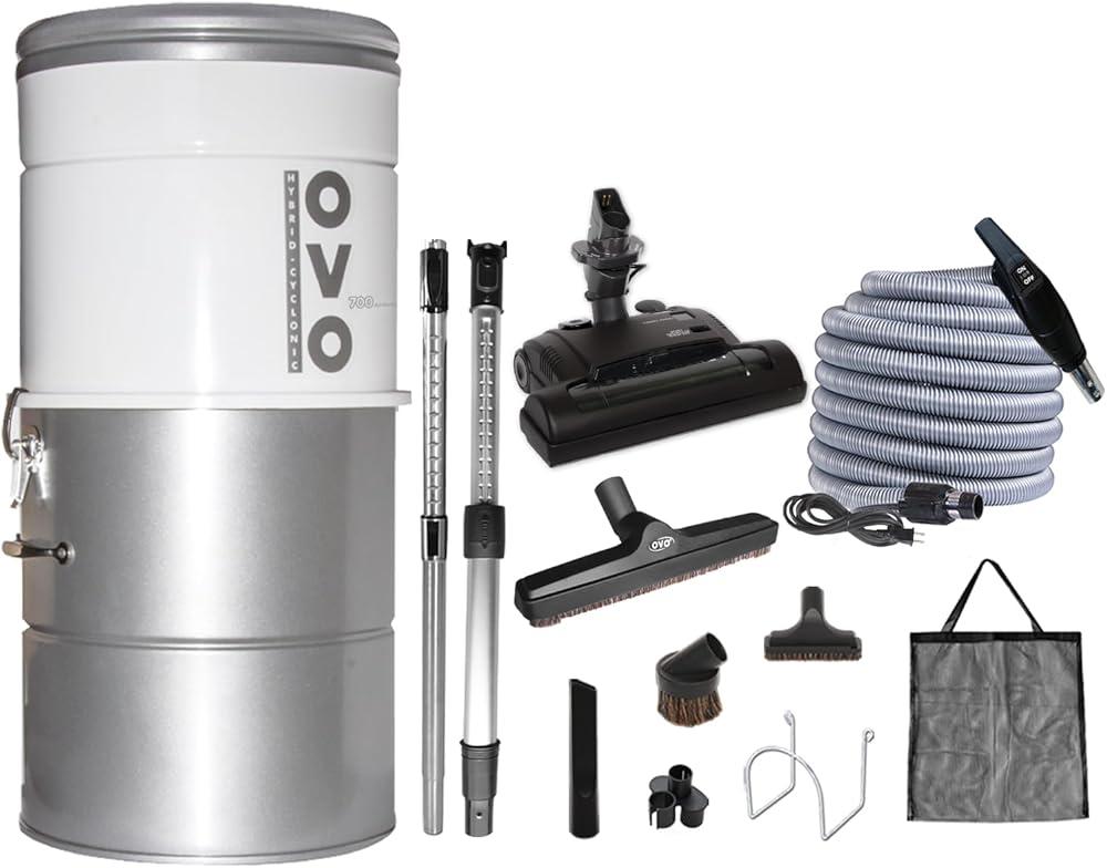 OVO Large and Powerful Central Vacuum System, Hybrid Filtration (with or Without Disposable Bags) 25L or 6.6 Gal, 700 Airwatts with 40 ft Carpet Deluxe Accessory Kit Included