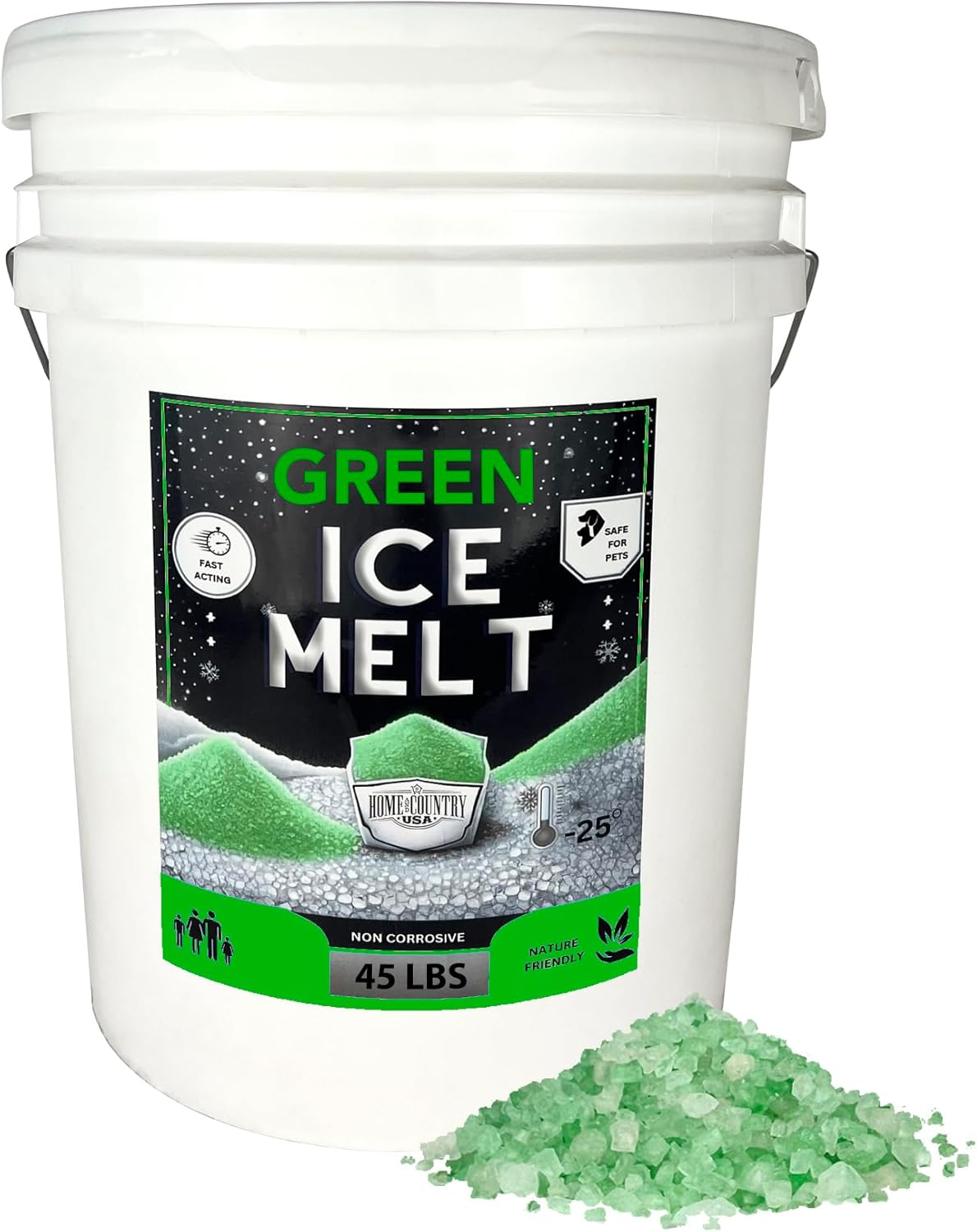 Green Ice Melt Pail Effective to -25°F, Eco-Friendly De-Icer, Optimal Granule Size for Quick Melting, Ideal for Driveways, Walkways, and Entryways 45 lb Pail