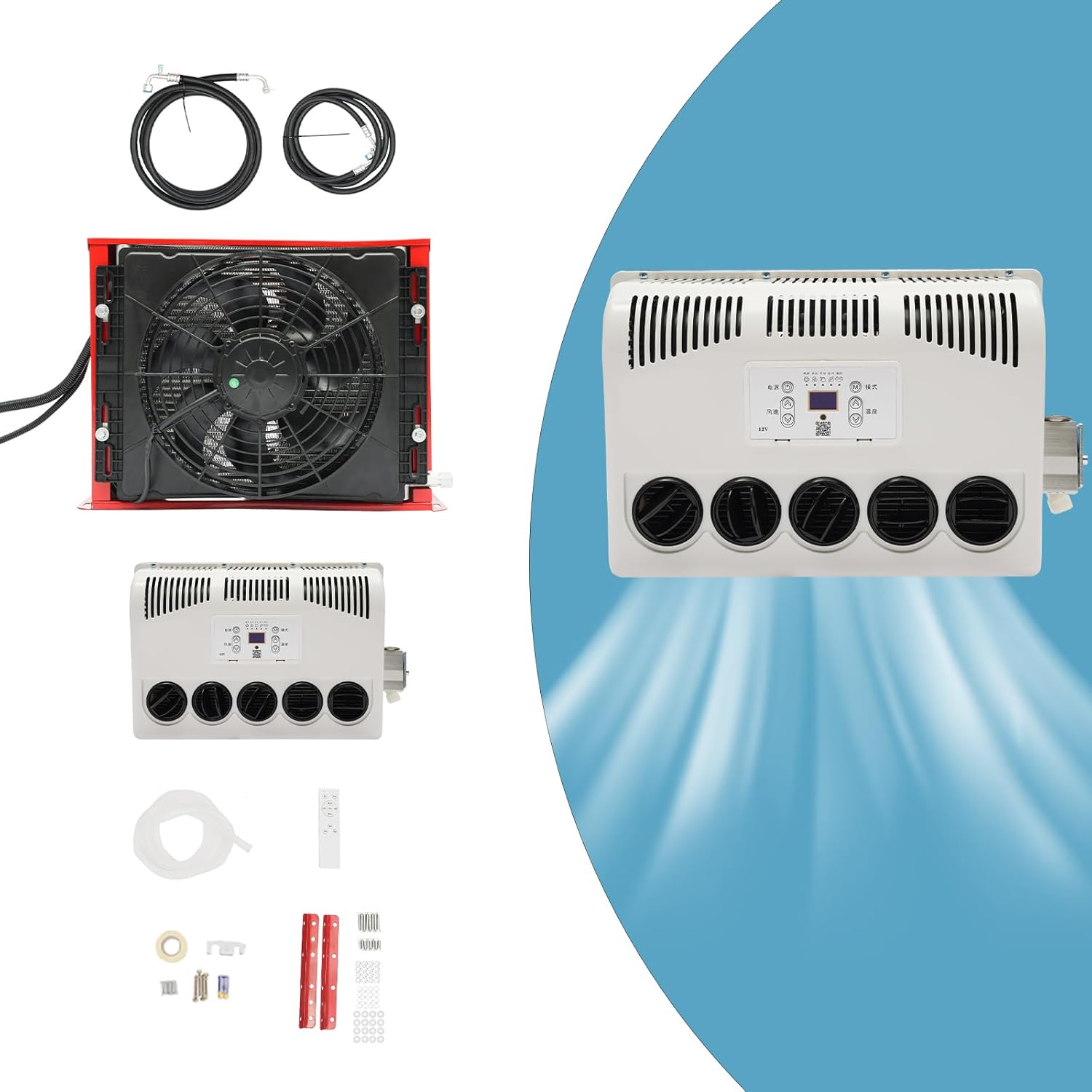 RV Cab Air Conditioner w/Remote Control 12V 400-600W Universal Air Conditioner Split RV AC System Units for Semi Trucks Bus RV Caravan 11000 BTU