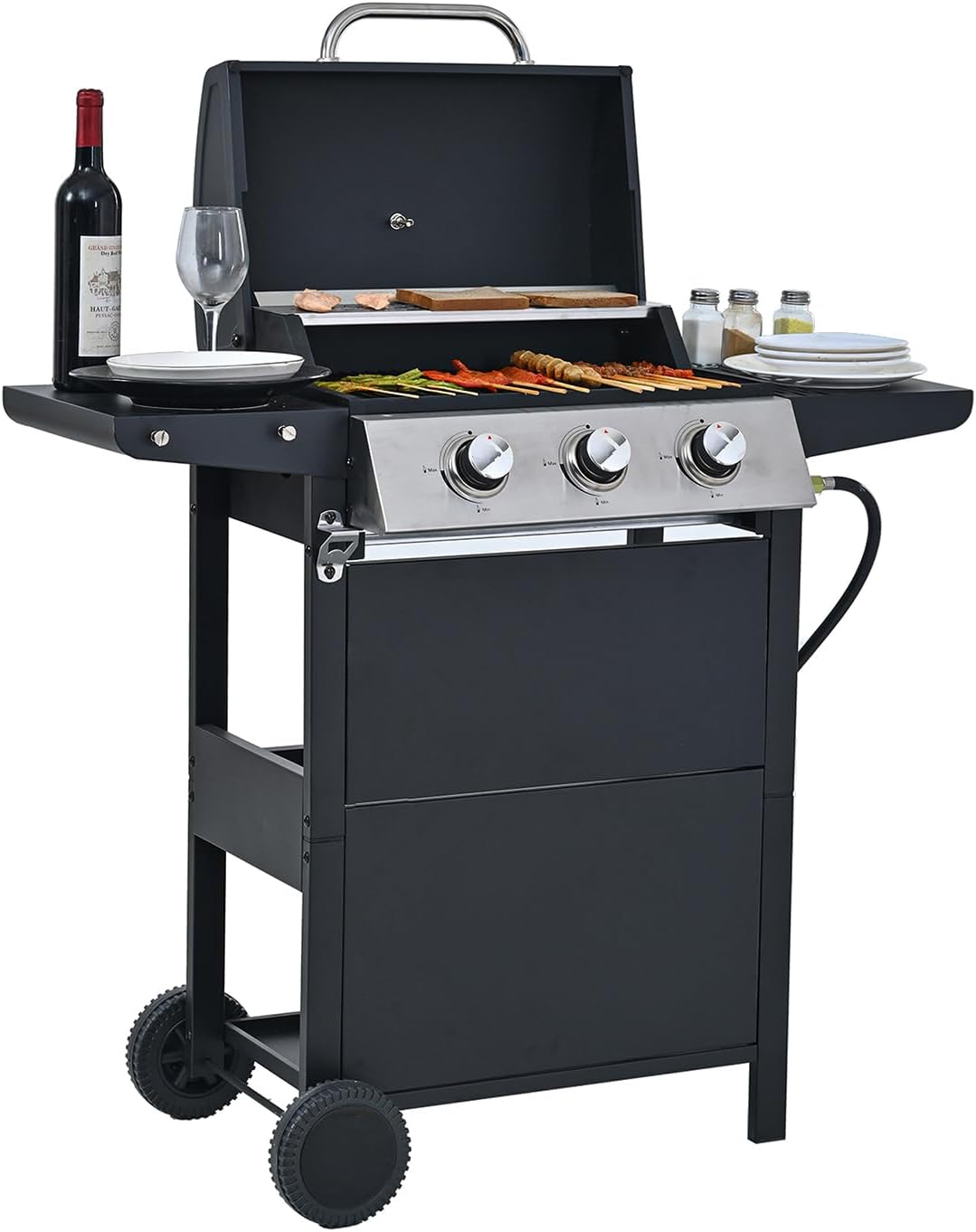 Endark 3 Burner Propane Gas Grill | Stainless Steel BBQ Grill | With Two Side Shelves and Wheels | Ideal for Patio, Garden, and Small Gatherings