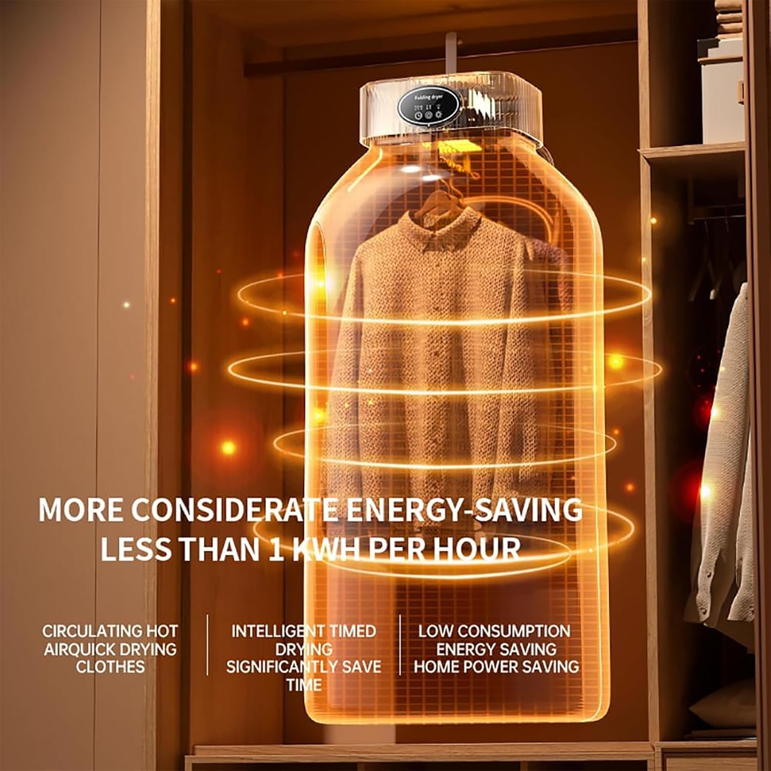 Portable Dryers for Apartment, Electric Clothes Drying Machine with LCD Touch Screen, 360℃ Circul Ation Drying and 2 Level Strong Adjustable, Intelligent Timing Design and Easy To Carry, For Home