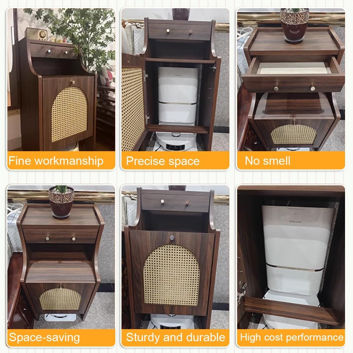 Robot Vacuum Storage Cabinet with Wheels, Hidden Organizer with Doors and Drawers for Sweeping Robots, Mobile Vacuum Rack for Living Room, Bedroom, Kitchen, Solid Wood, Easy Water Changing(Yellow)