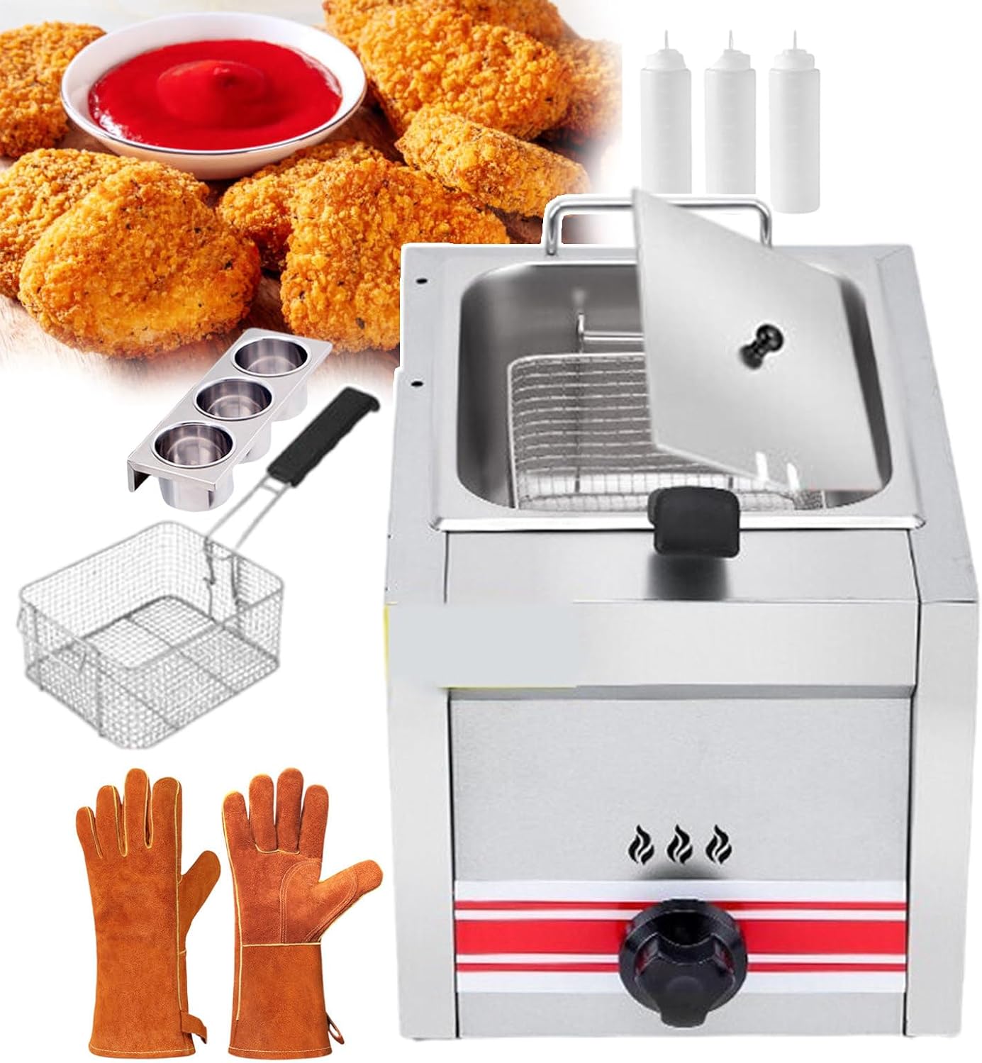 Commercial Electric Fryer with Temperature Control, Removable 10L Single Tank Fryer Baskets for Commercial, Stainless Steel Fryer Basket,