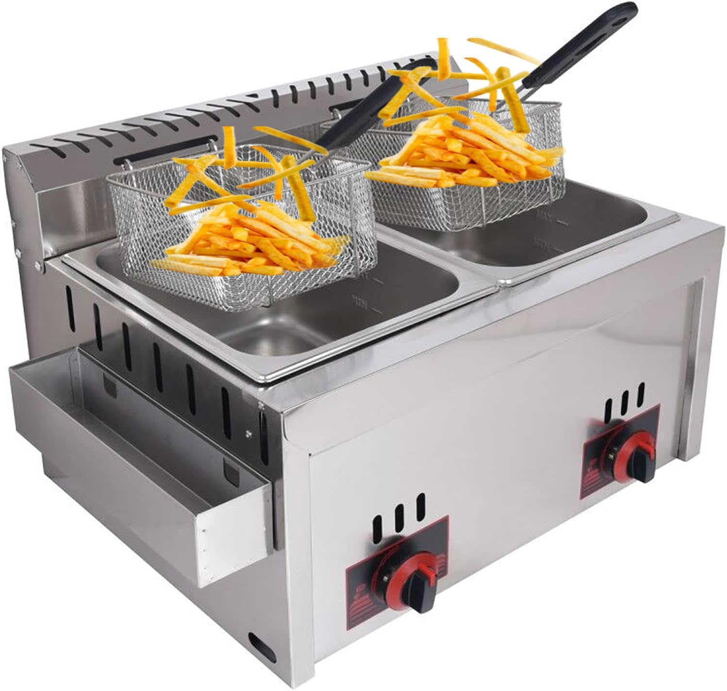 Stainless Steel Gas Fryer for Home and Commercial Use - Large 10L*2 Capacity with Adjustable Firepower,Includes Baskets and Lids