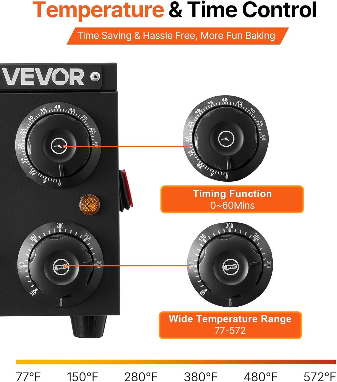 VEVOR Electric Pizza Oven, 12 in Countertop Pizza Oven, 77 to 572°F Temp Range, 1450W Indoor Pizzas Maker w/Timing & Temp Control, Pizzas Cooker w/Dual Heat Tube, Grill Rack, for Kitchen & Commercial