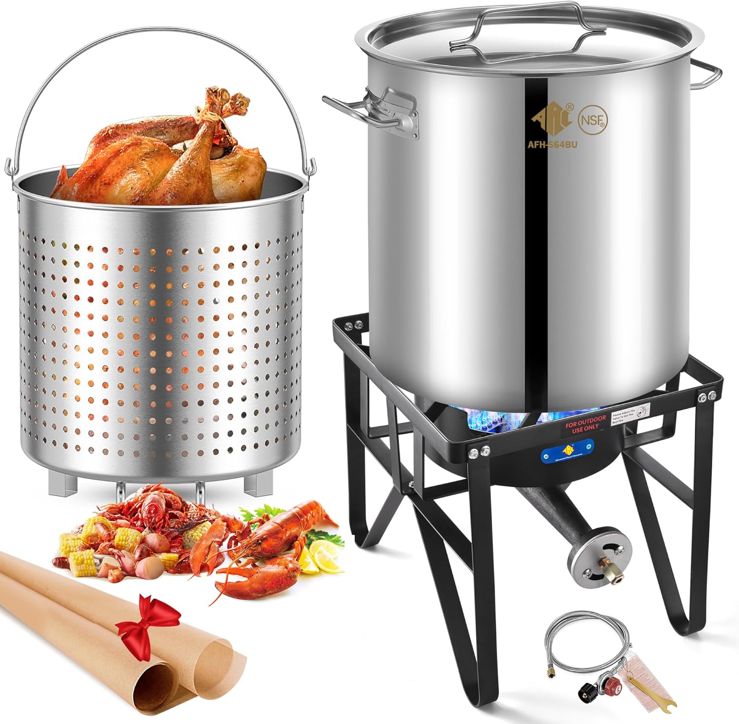 ARC 64QT Stainless Steel Seafood Boil Pot with 200,000BTU Single Burner Propane Stove, Heavy Duty Propane Burner For Outdoor Cooking Turkey Fryer, Crawfish Boil, Homebrewing