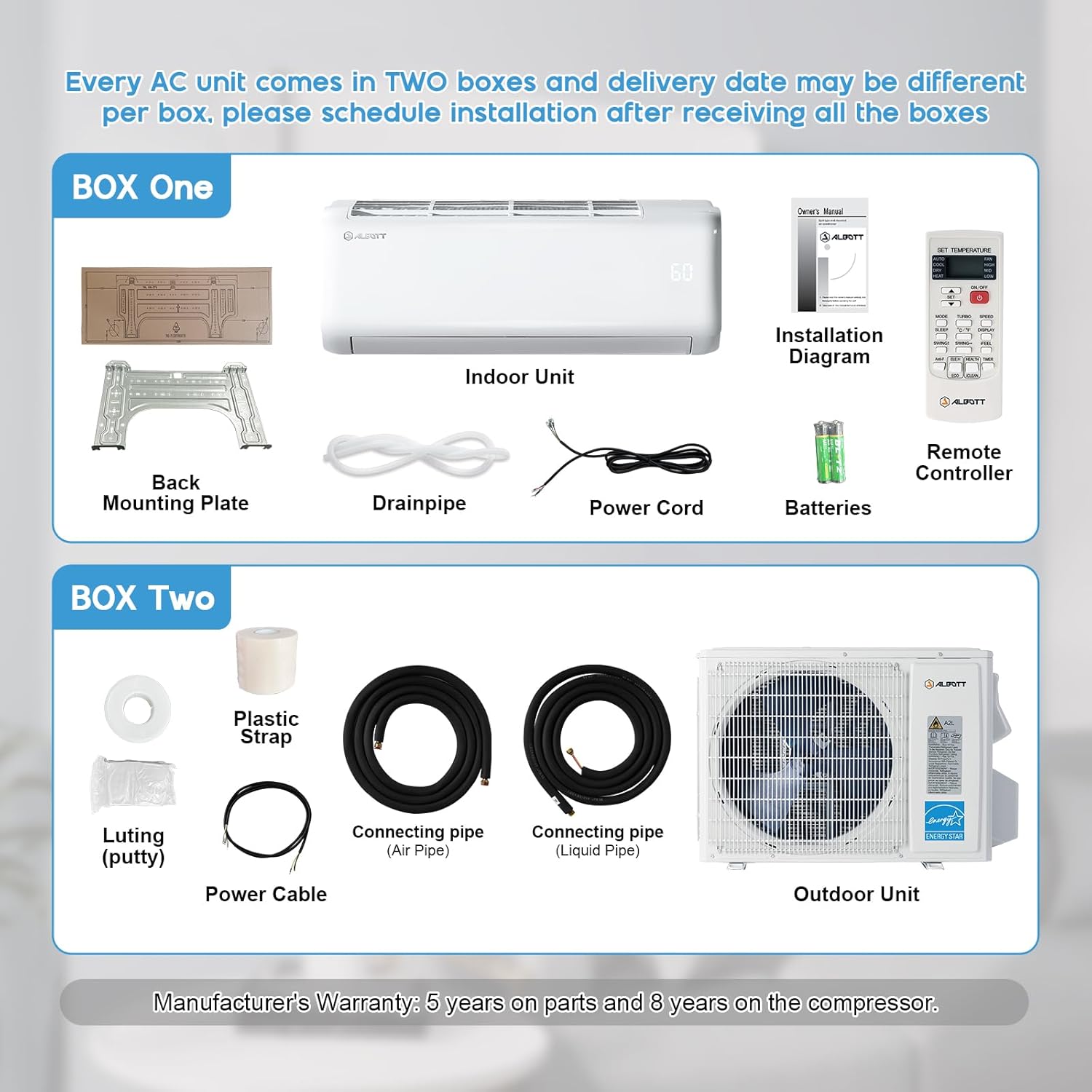 Albott Mini Split Air Conditioner Heat Pump, 24000 BTU 21 SEER2 208V-230V, Energy Star, Remote Control for Rooms up to 1500 Sq.Ft, Wall Ac Unit with 14.8ft Installation Kit, White