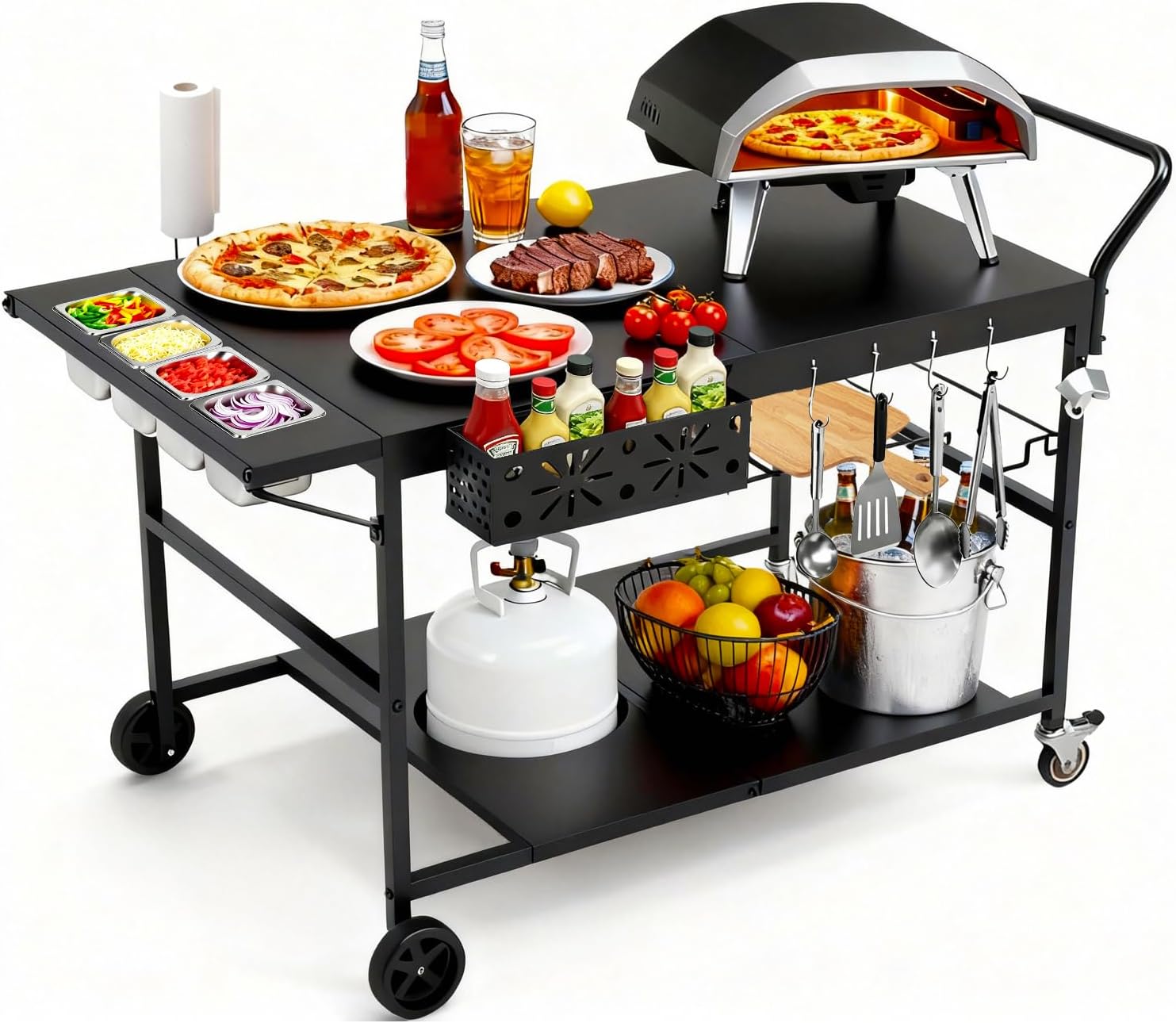 Pizza Oven Stand Table with Propane Storage, Outdoor Grill Carts with Wheels, Use for Outdoor Cooking BBQ, Fits Blackstone Griddle, Metal Black Large Size 47 * 27.5 Inch.