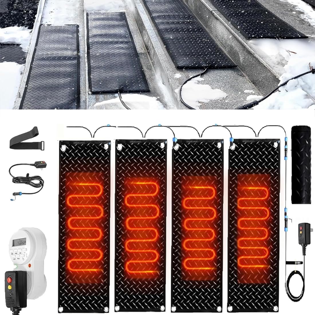 Heated Snow Melting Mats with Timer, 1/2/3/4/5 Pcs Non Slip Rubber Heated Mat,Winter Snow and Ice Melting Mat for Outdoor Stairs,Steps,Doorways,Walkways,Driveway(4 Pcs-12x24in/(30x60cm))