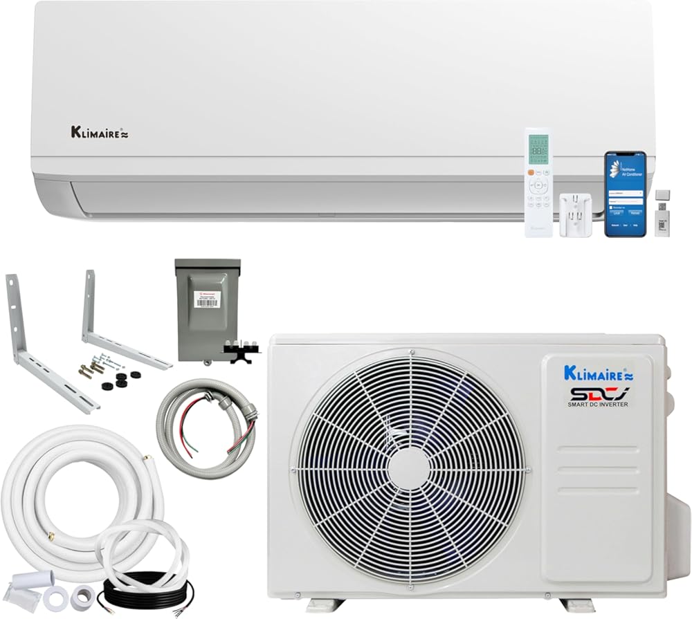 KLIMAIRE 12,000 BTU 23.1 SEER2 Hyper Heat Ductless Mini Split Air Conditioner & Heat Pump System, Operates Down to -22°F, with Pre-Flared 16'Installation Kit & Wall Bracket, 230V, Wi-Fi Enabled (230V)