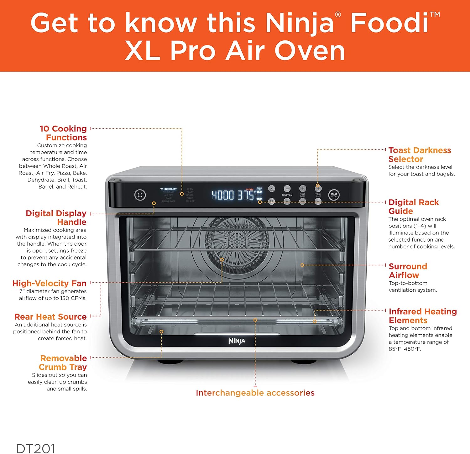 Ninja Air Fryer & Toaster Oven | Foodi Series, XL Pro Air Oven Kitchen Countertop Convection | 10-in-1 Functions | Fits a 5-lb Chicken & Sheet Pan of Vegetables | 1800 Watts | Stainless Steel | DT201