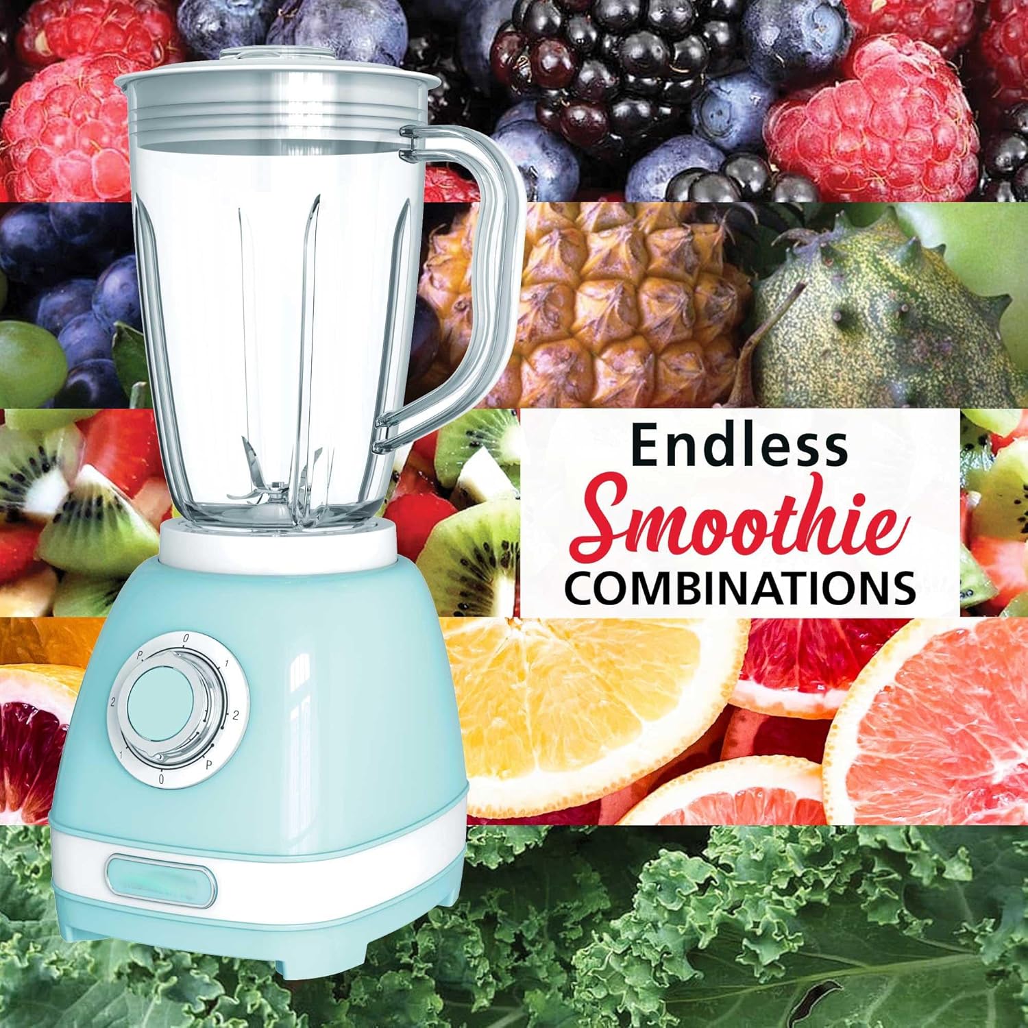 Retro 2-Speed Electric Blender with 50 Oz BPA-Free Jar – Ice Crushing & Smoothie Maker with Stainless Steel Blades, Pulse Function, Dishwasher Safe, Blue
