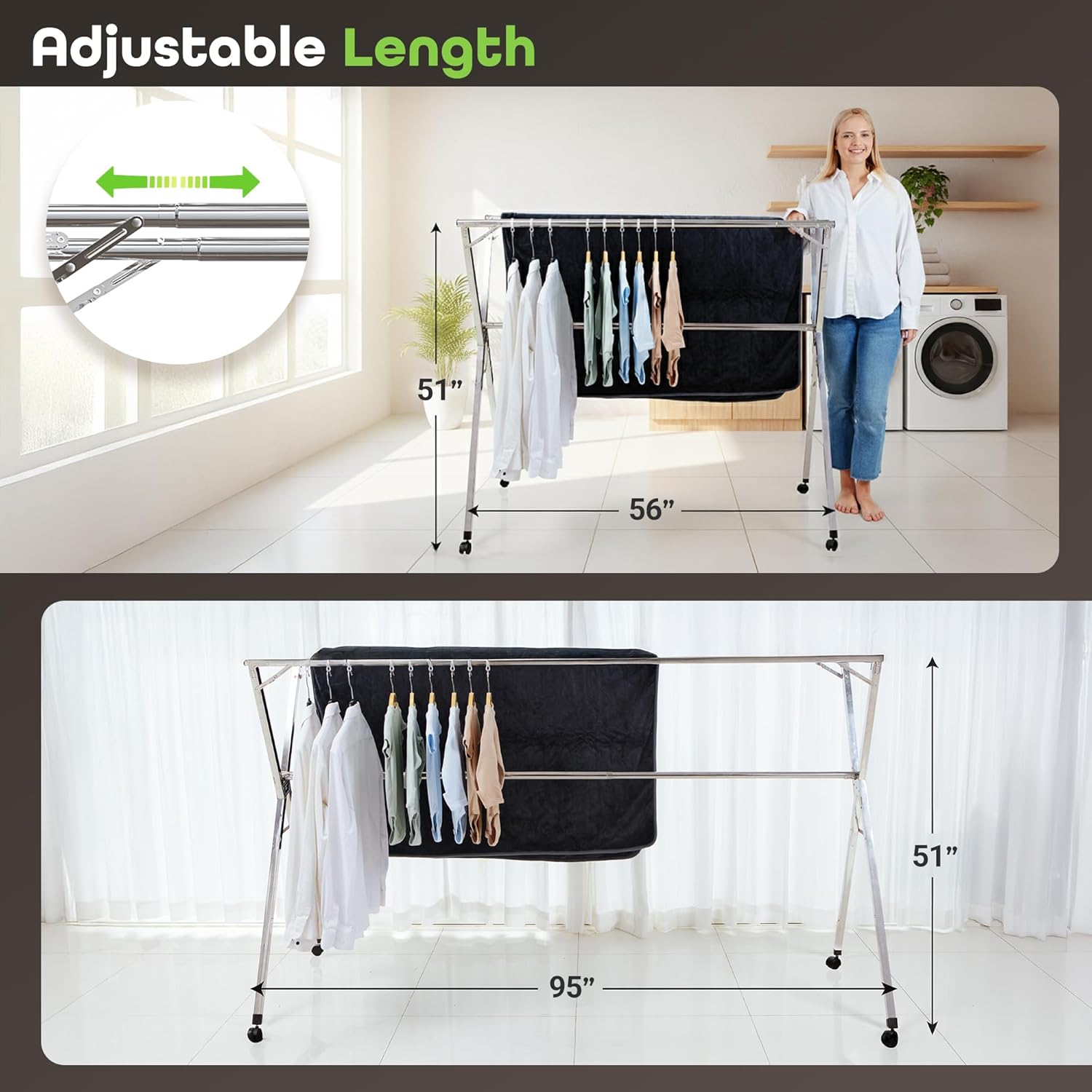 Clothes Drying Rack – 95-Inch Expandable Stainless Steel Laundry Hanger with Wheels Foldable & Heavy-Duty | Indoor Outdoor Use | Includes 20 Windproof Clips + 10 Large Pegs
