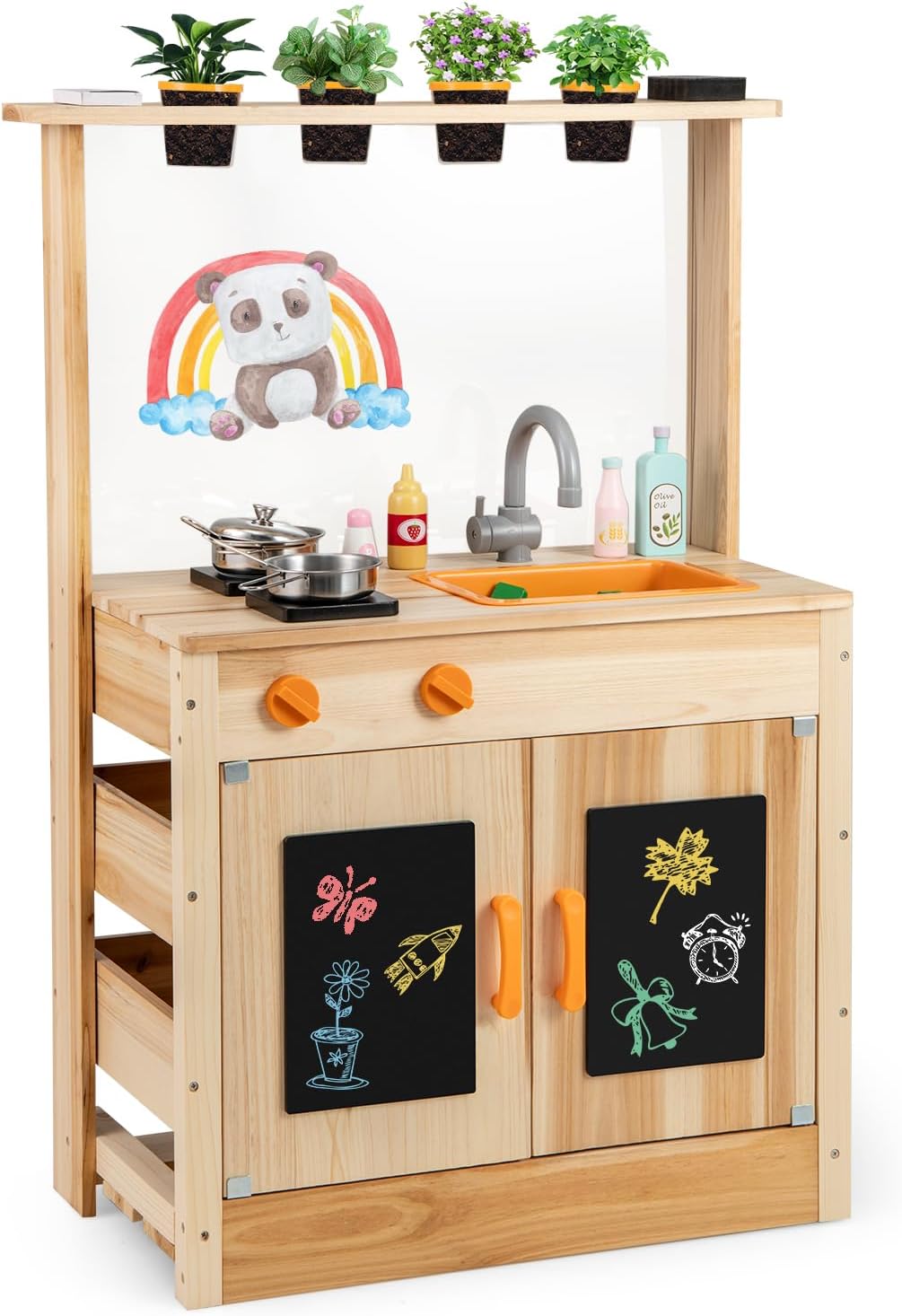 Costzon Mud Kitchen, Fir Wood Outdoor Play Kitchen with 4 Planting Pots, Stoves, Removable Sink, Acrylic Panel, Chalkboards & Accessories, Kids Kitchen Playset for Backyard Garden, Gift for Boys Girls