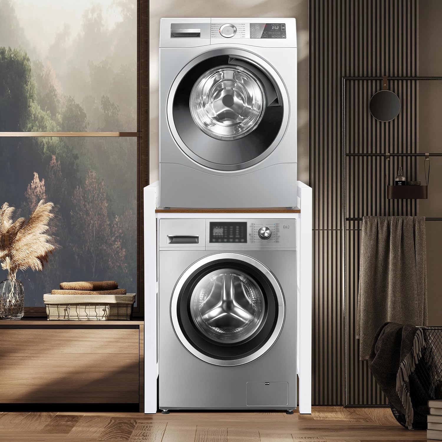 Washer Dryer Stacking Rack Stand, Over Washer and Dryer Shelves, 3 Height Adjustable Over The Washer and Dryer Storage Shelf, Laundry Shelves Load Capacity 300 kg, for Bathrooms Laundry Rooms (White)