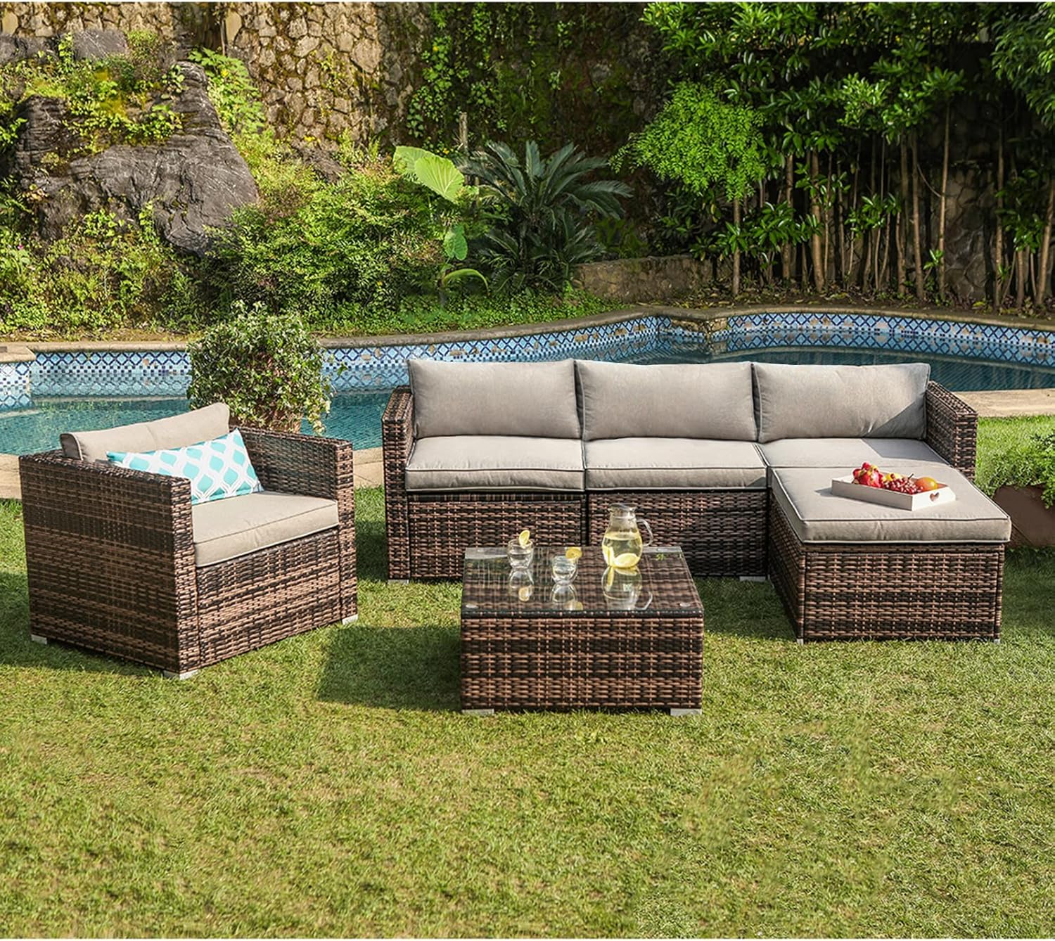 COSIEST 6-Piece Outdoor Furniture All-Weather Mottlewood Brown Wicker Sectional Sofa w Warm Gray Thick Cushions, Glass-Top Coffee Table, 1 Teal Pattern Pillows Incl. Clips