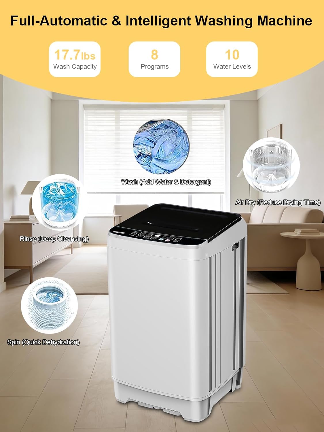 17.7 lbs Small Compact Portable Full-Automatic Washing Machine 10 Wash Program & 8 Water Level with LED Display Compact Washer Ideal for Apartments, RV, Camping, White