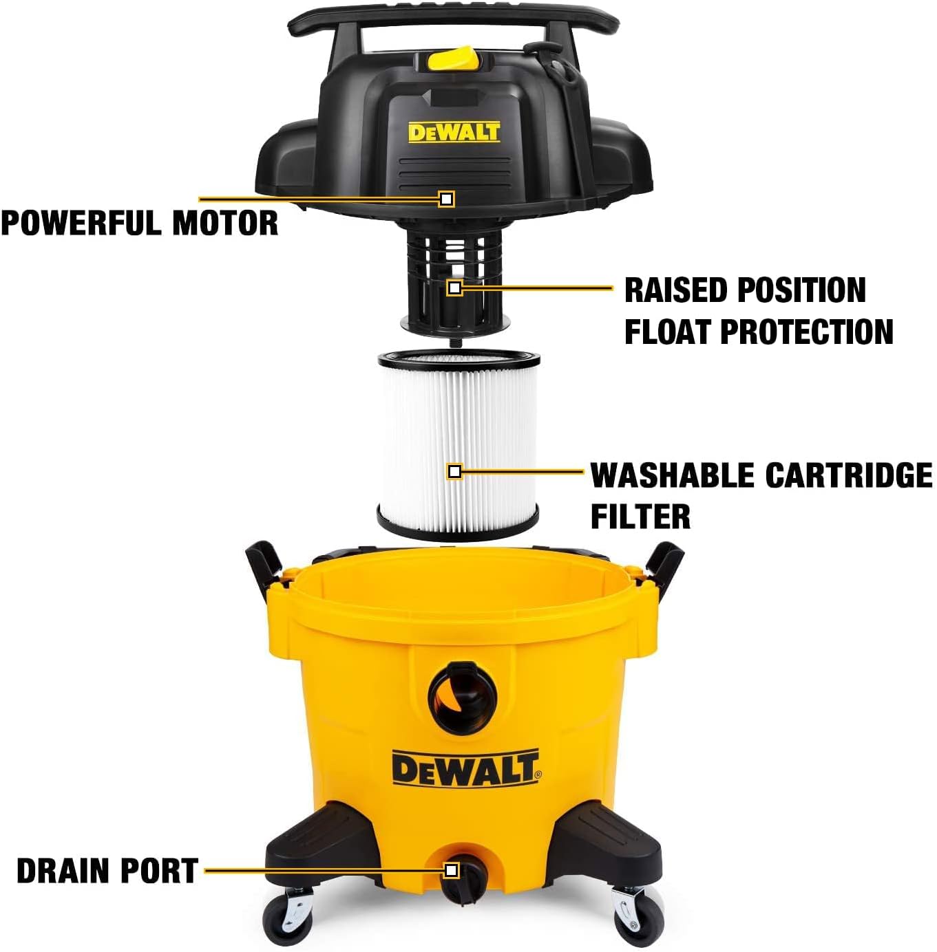 DEWALT 10 Gallon Shop Vacuum Wet and Dry, 5.5 Peak HP Poly Wet Dry Vacuum Cleaner with Attachments, 2-Stage Motor, Portable Handle/Caster with Drain Blower, DXV10PZ for Car, Garage, Workshop, Pet Hair