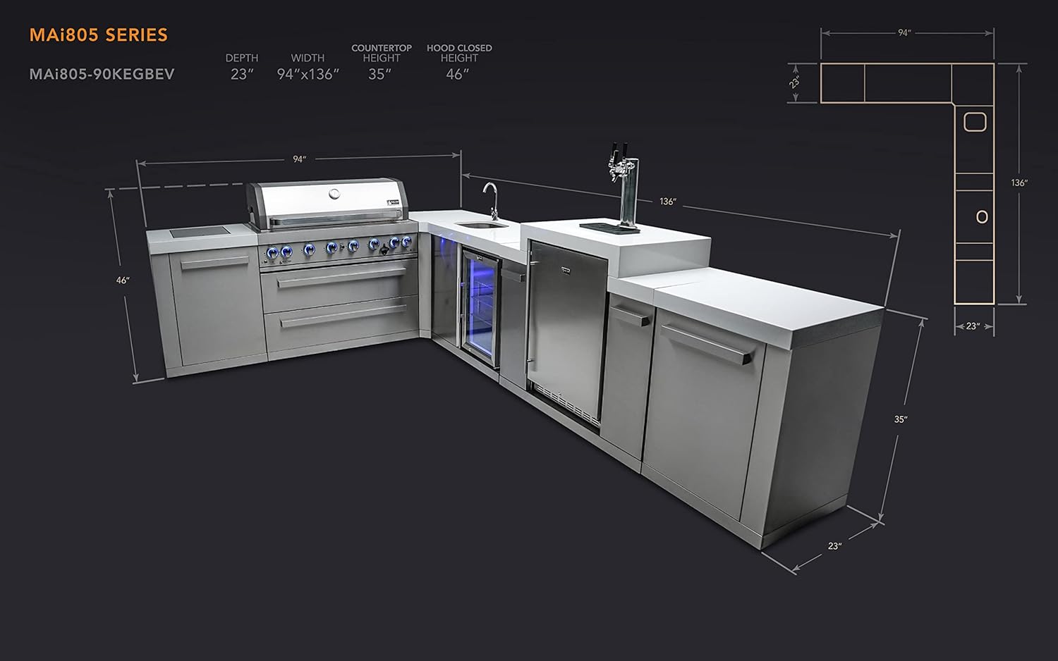 Mont Alpi MAi400-D90KEGBEV 90 Degree 32-Inch 4-Burner 78000 BTU Deluxe Stainless Steel Island Outdoor Kitchen Gas Barbecue Grill with Wine Cooler Beverage Refrigerator & 3 Beer Tap Kegerator Dispenser